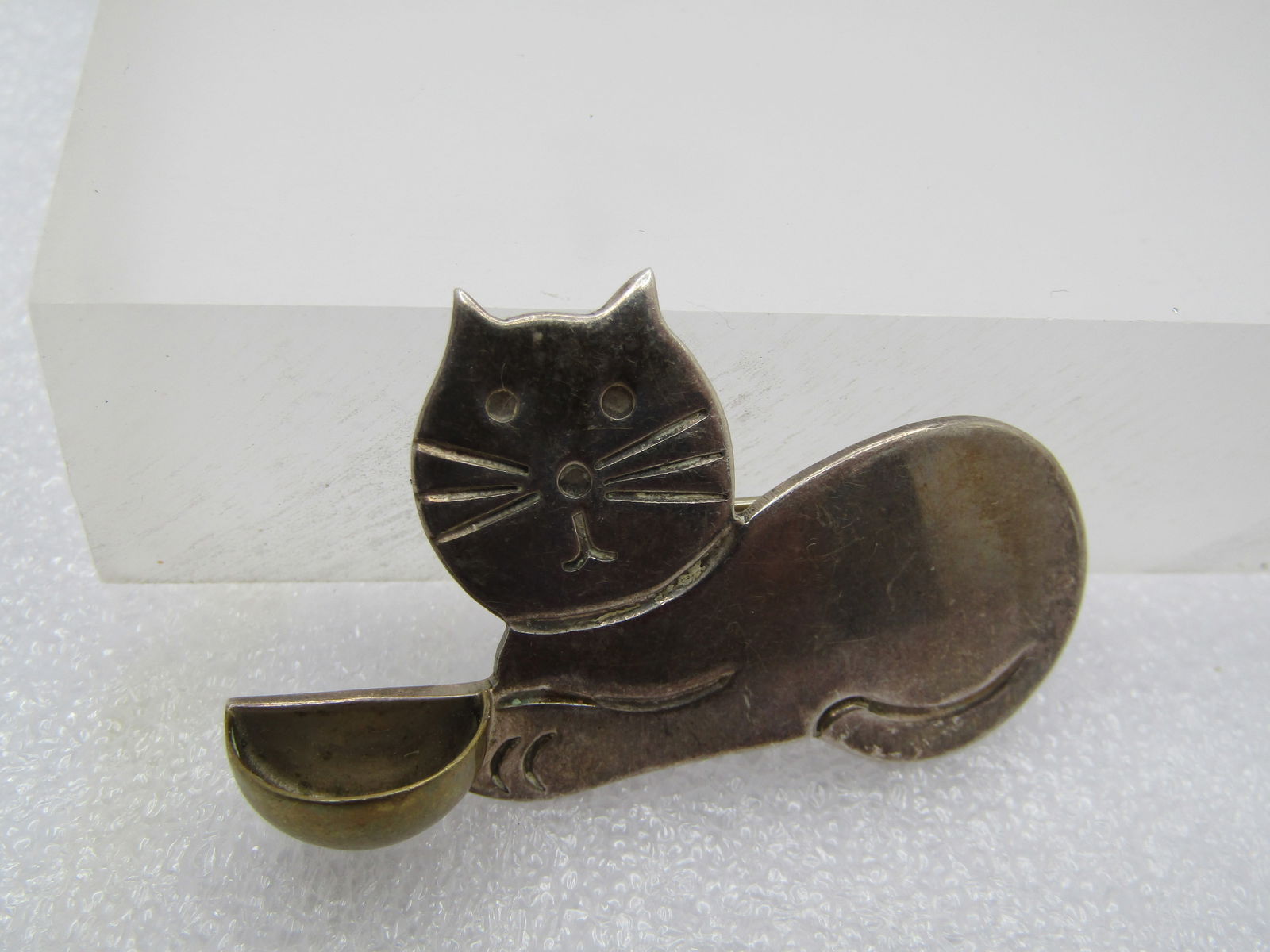 Vintage Sterling Cat with Bowl Brooch, Taxco, Mexico, Signed 925 MEXICO TM-212" and has partial - 3