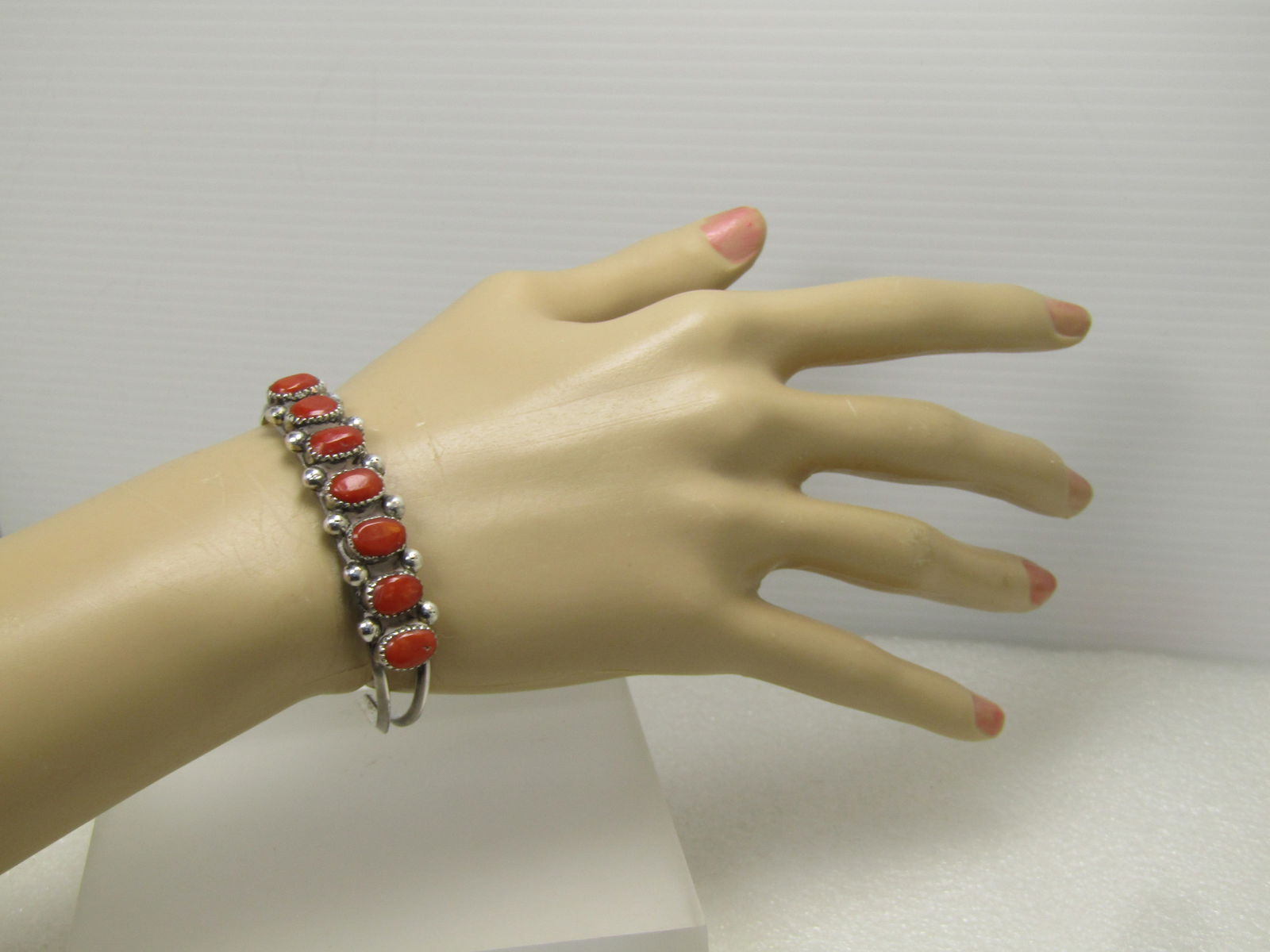 Vintage Sterling Southwestern Coral Cuff Bracelet, 6", 1960's-1980's - 9