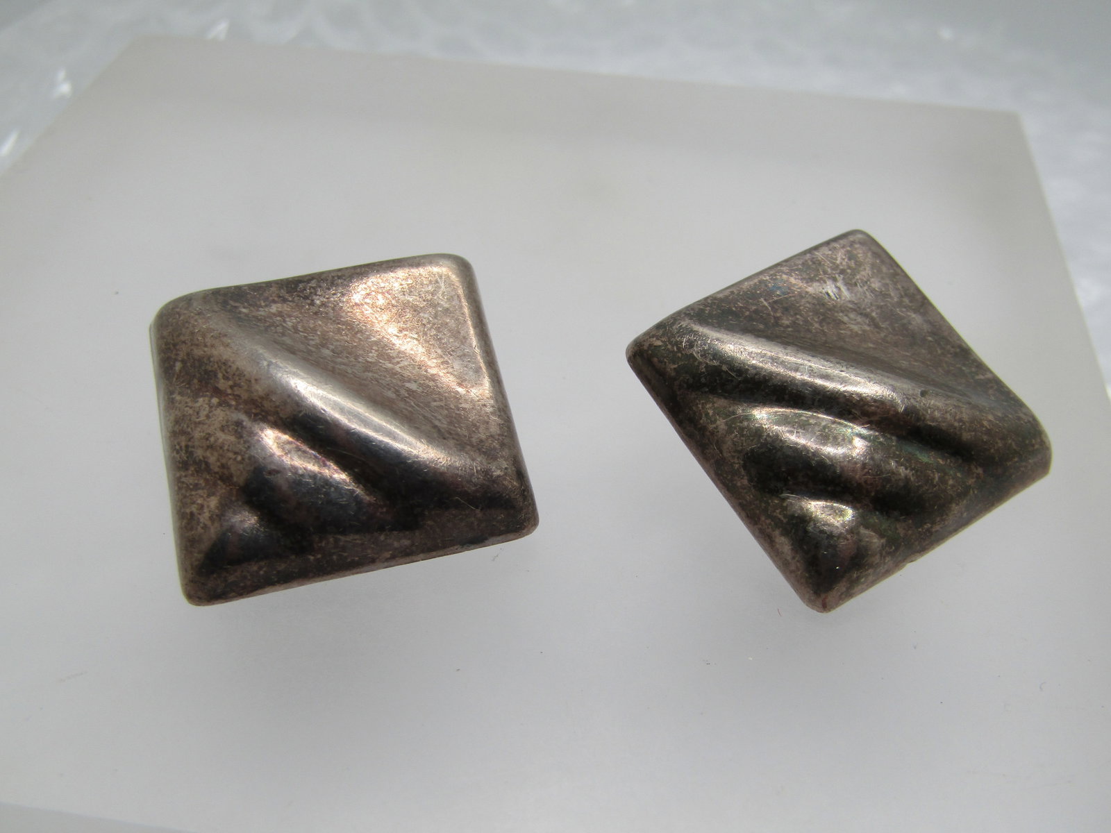 Sterling Mexico Modernist Clip Earrings, Signed: Title: Sterling Mexico Modernist Clip Earrings, Signed Description: Sterling Mexico Modernist Clip Earrings, Signed. These are 1" squares with have of the top raided with three ridged accents and a