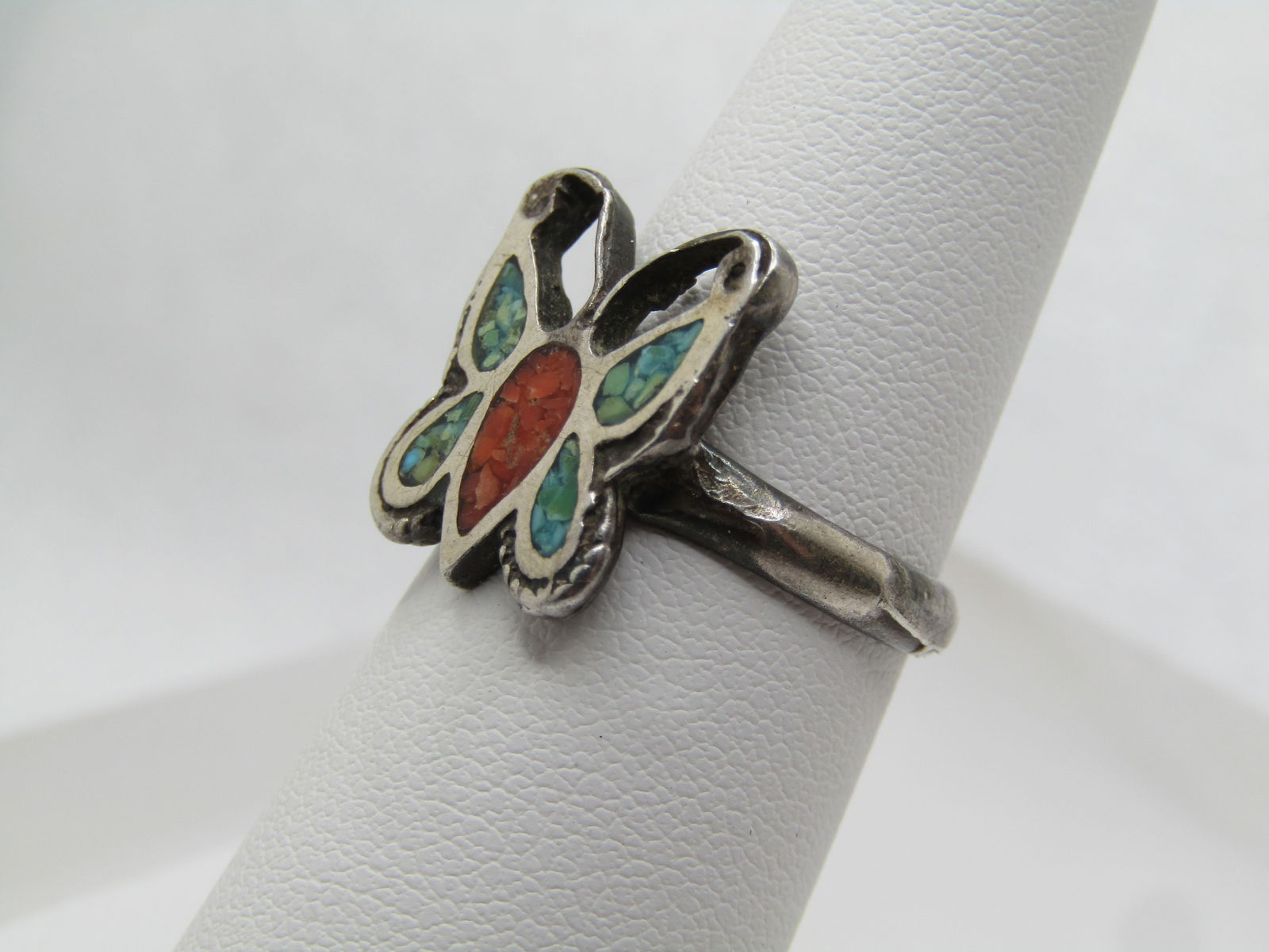 Vintage Sterling Southwestern Inlaid Butterfly Ring, Sz. 6. 1970's - 2