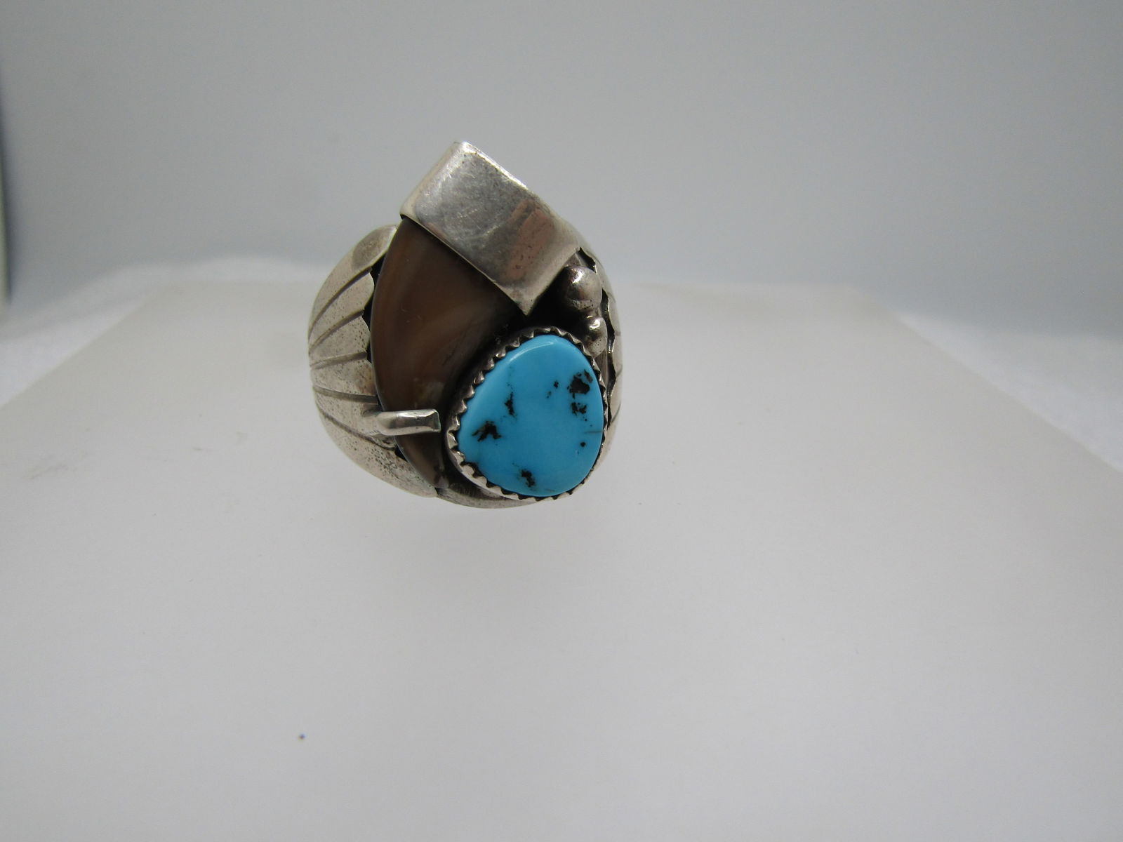 Vintage Southwestern Turquoise Claw Ring, Sz. 14, Signed R BRHE, 1980's: Title: Vintage Southwestern Turquoise Claw Ring, Sz. 14, Signed R BRHE, 1980's Description: Vintage Southwestern Turquoise Claw Ring, Sz. 14, Signed R BRHE. Believed to be Navajo. This has a