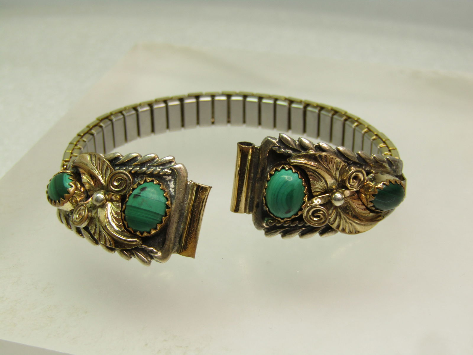 Vintage Sterling Southwestern Malacite Watch Tips/Band, Ladies, 1970's - 2