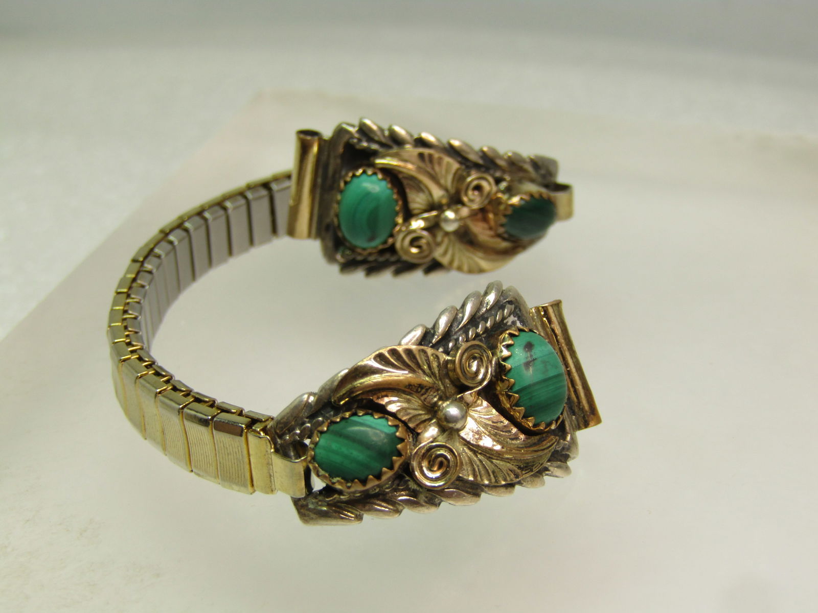 Vintage Sterling Southwestern Malacite Watch Tips/Band, Ladies, 1970's - 6