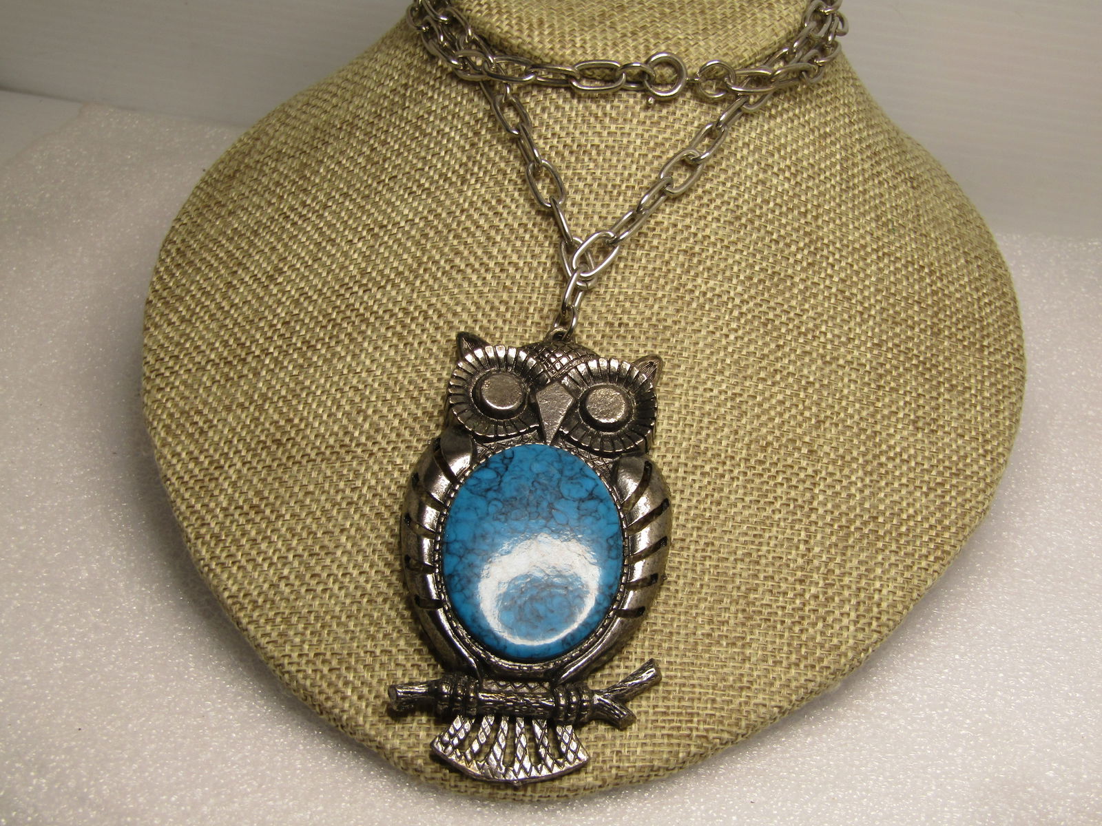 Vintage Southestern Faux Turquoise Owl Necklace, 24", 1960's-1970's, Signed - 2