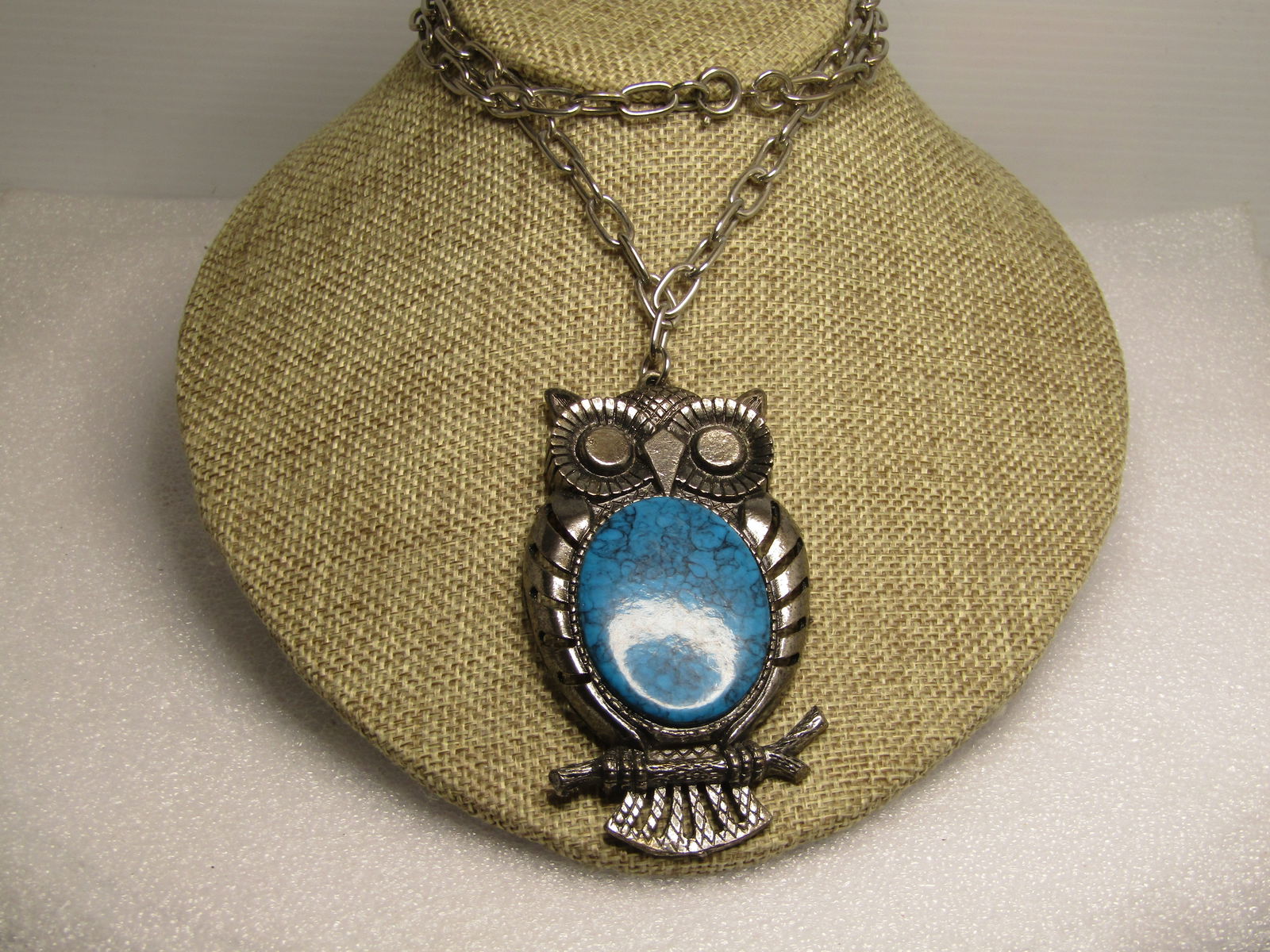Vintage Southestern Faux Turquoise Owl Necklace, 24", 1960's-1970's, Signed - 3