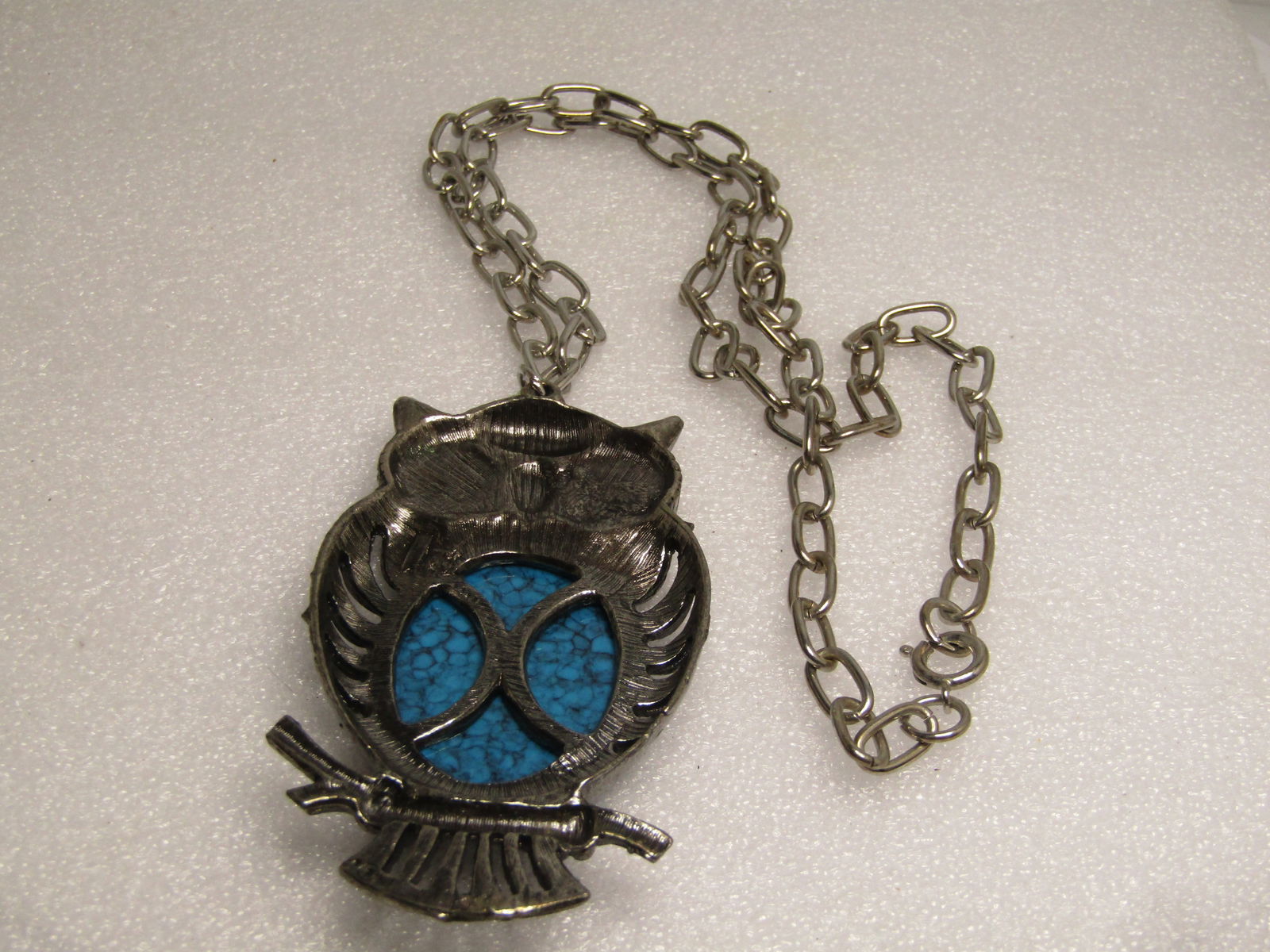 Vintage Southestern Faux Turquoise Owl Necklace, 24", 1960's-1970's, Signed - 6
