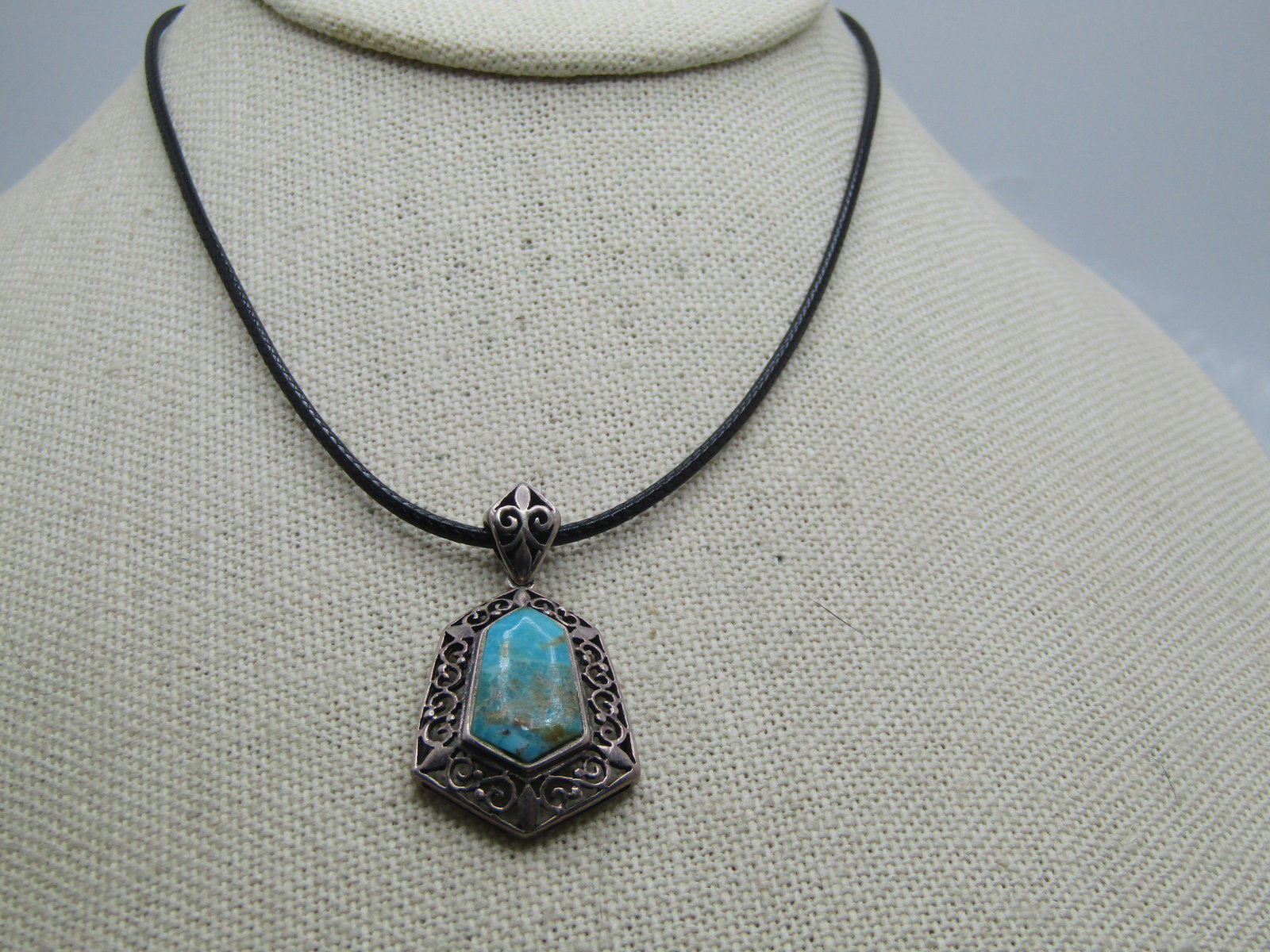 Vintage Sterling Turquoise Filigree Necklace, 20" Black Cord, Signed NF, 1980's-1990's: Title: Vintage Sterling Turquoise Filigree Necklace, 20" Black Cord, Signed NF, 1980's-1990's Description: Vintage Sterling Turquoise Filigree Necklace, 20" Black Cord, Signed NF, 1980's-1990's. The p