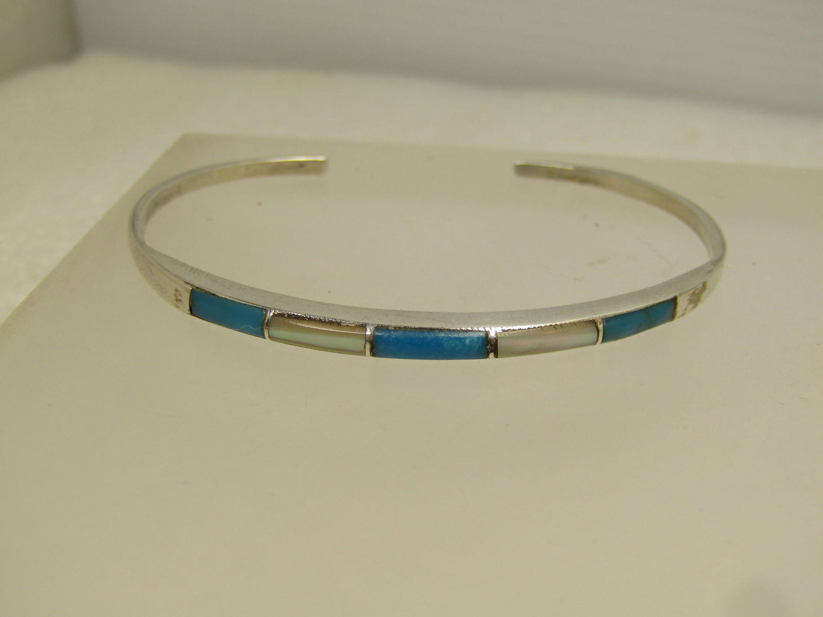 Vintage Sterling Turquoise Mother-of-Pearl Cuff Bracelet, 6.25", 1970's-1980's - 2