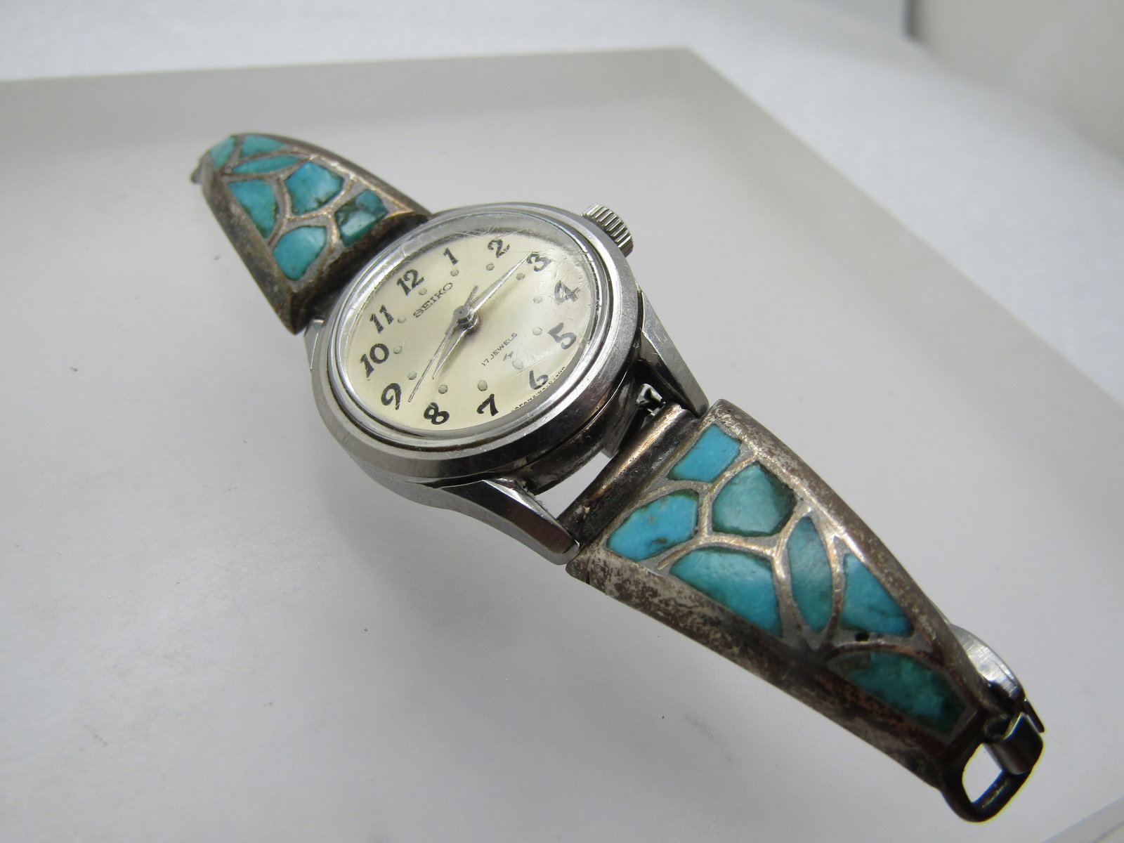 Vintage Sterling Southwestern Turquoise Watch, Ladies, Seiko, 1970's: Title: Vintage Sterling Southwestern Turquoise Watch, Ladies, Seiko, 1970's Description: Vintage Sterling Southwestern Turquoise Watch, Ladies, Seiko, 1970's. Seiko wind-up with second hand and it wor
