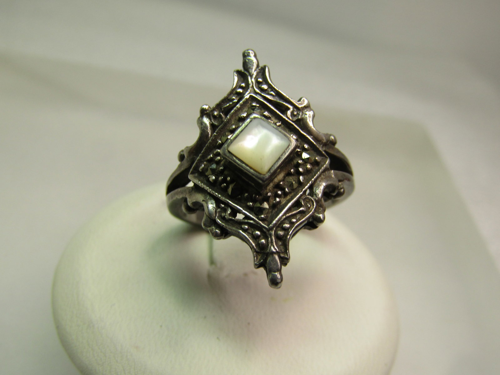 Vintage Sterling Faux Marcasite MOP Ring, Pointed, Sz. 7, 1980's, Signed: Title: Vintage Sterling Faux Marcasite MOP Ring, Pointed, Sz. 7, 1980's, Signed Description: Vintage Sterling Faux Marcasite MOP Ring, Pointed, Sz. 7, 1980's, Signed with a stars and bars maker's