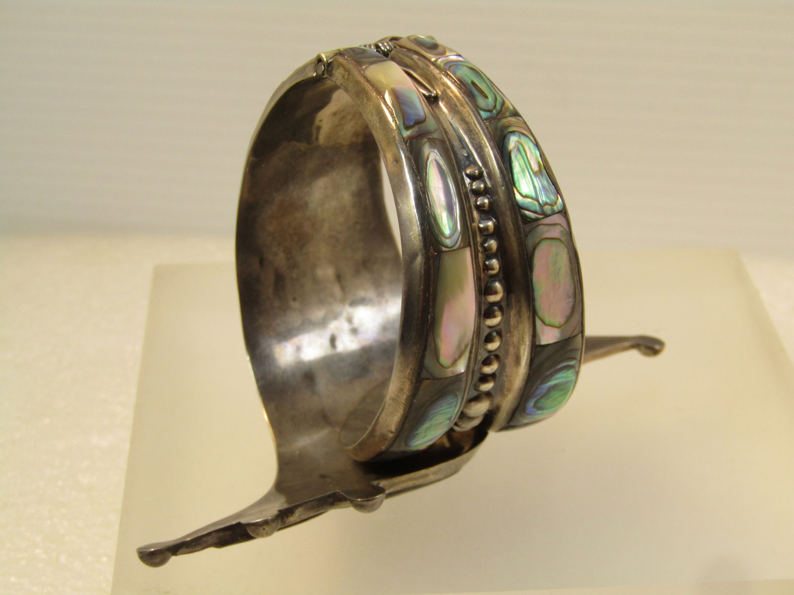 Vintage Sterling Abalone Hinged Clamper Bracelet, 6.75", 1940's-1950's, Mexico Signed F. Balladares - 3