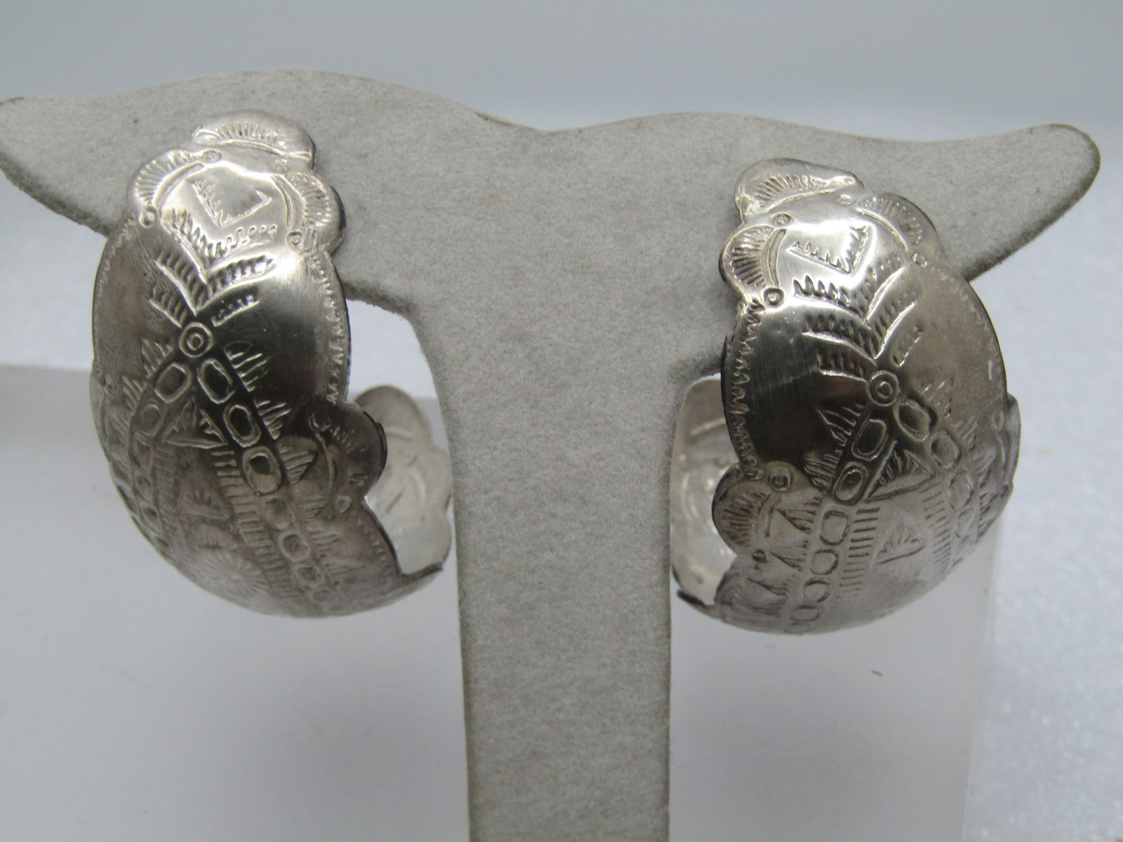 Vintage Sterling Southwestern Half Hoop Earrings, 1.5", Pierced, 1960's-1970's - 2