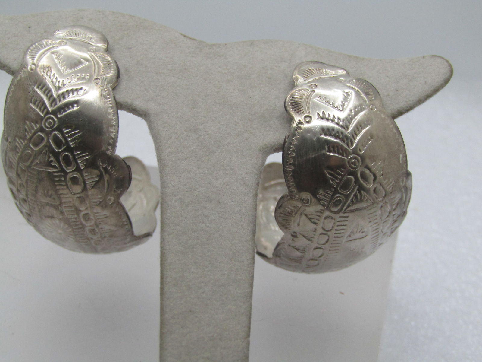 Vintage Sterling Southwestern Half Hoop Earrings, 1.5", Pierced, 1960's-1970's - 3