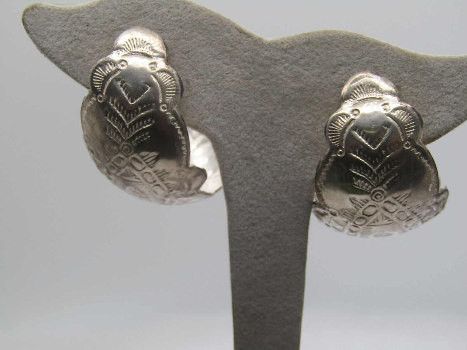 Vintage Sterling Southwestern Half Hoop Earrings, 1.5", Pierced, 1960's-1970's - 5