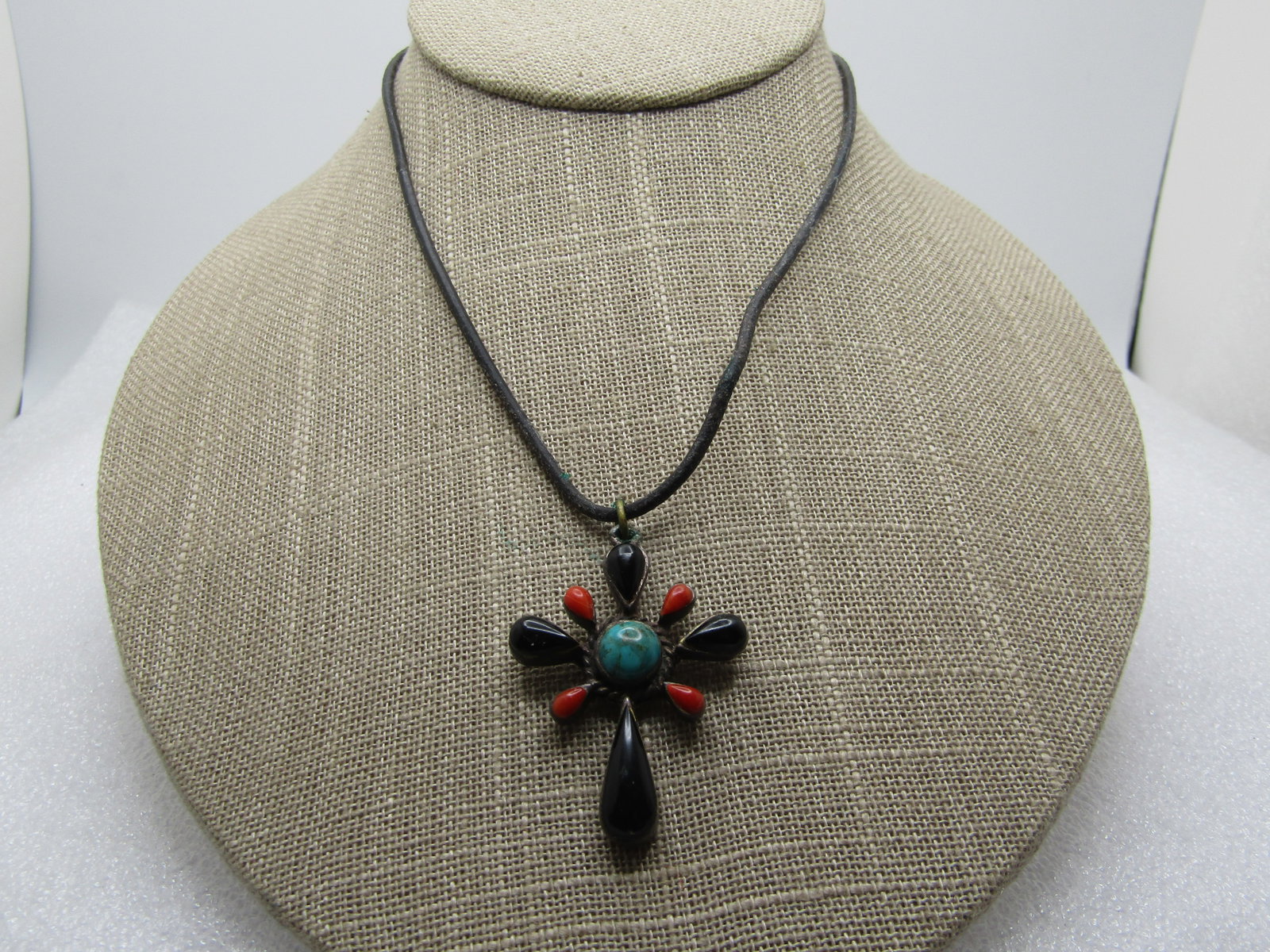 Vintage Sterling Southwestern Onyx, Coral, Turquoise Cross Necklace, 1970's-1980's (1 of 5)