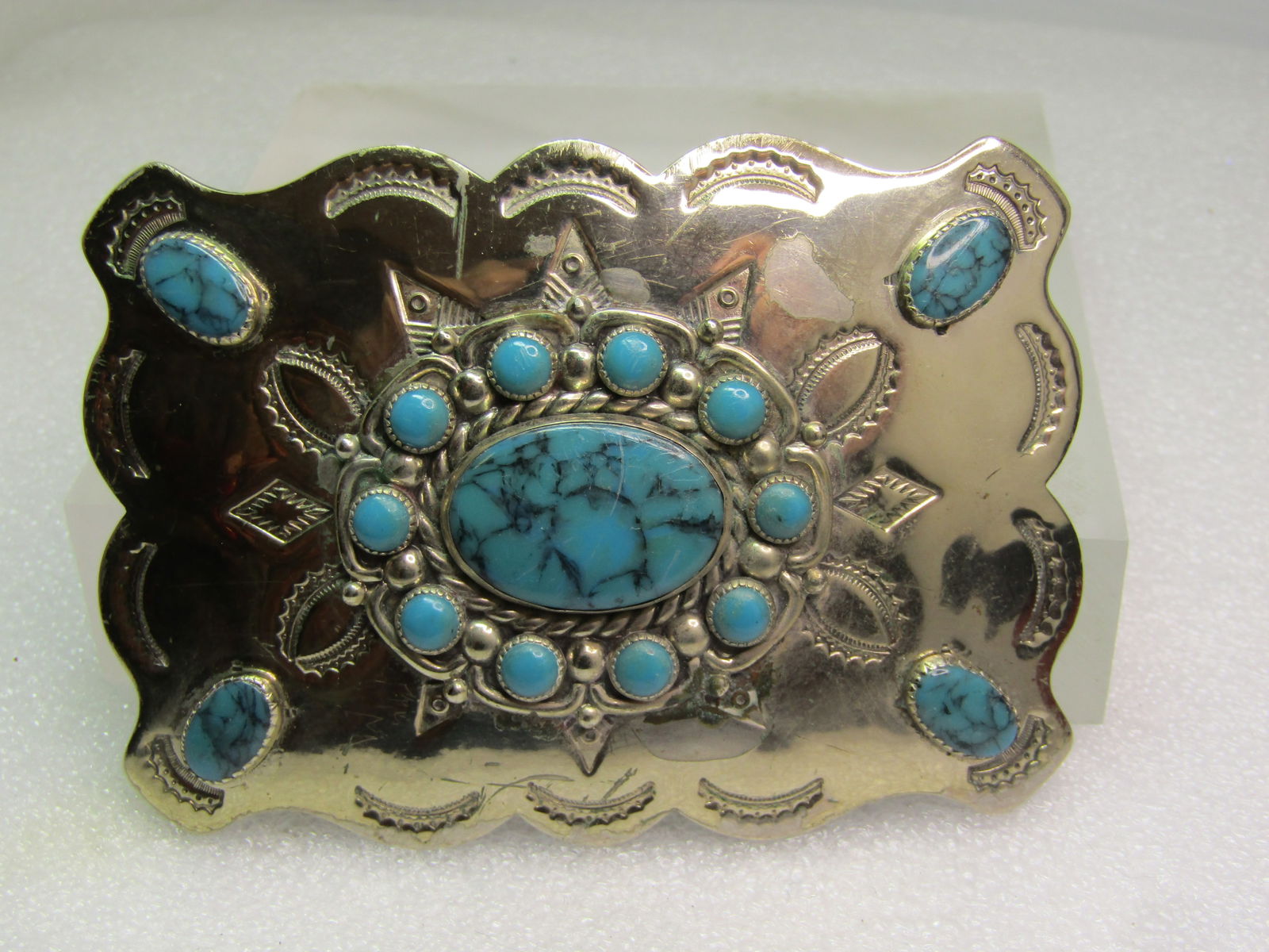 Vintage Southwestern Faux Turquoise Buckle, Signed Bell trading, 1960's-1970's - 2