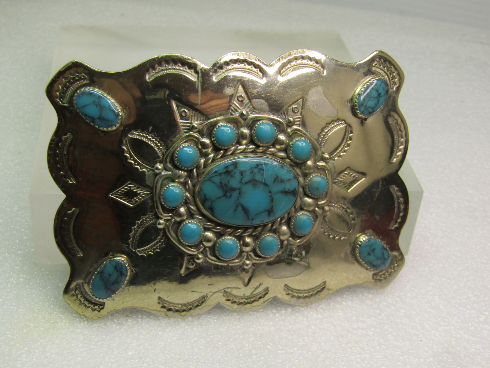 Vintage Southwestern Faux Turquoise Buckle, Signed Bell trading, 1960's-1970's - 3