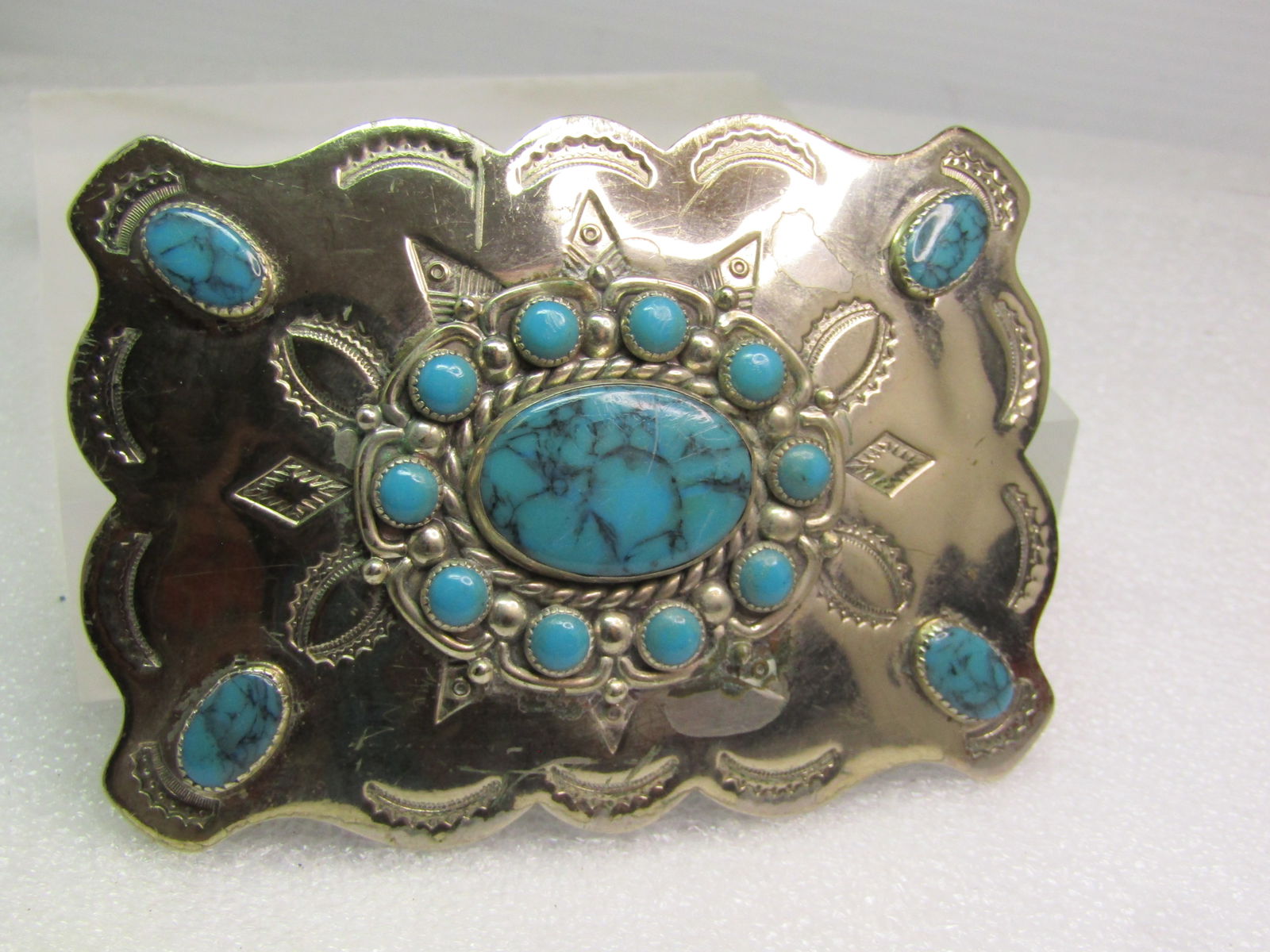 Vintage Southwestern Faux Turquoise Buckle, Signed Bell trading, 1960's-1970's - 5
