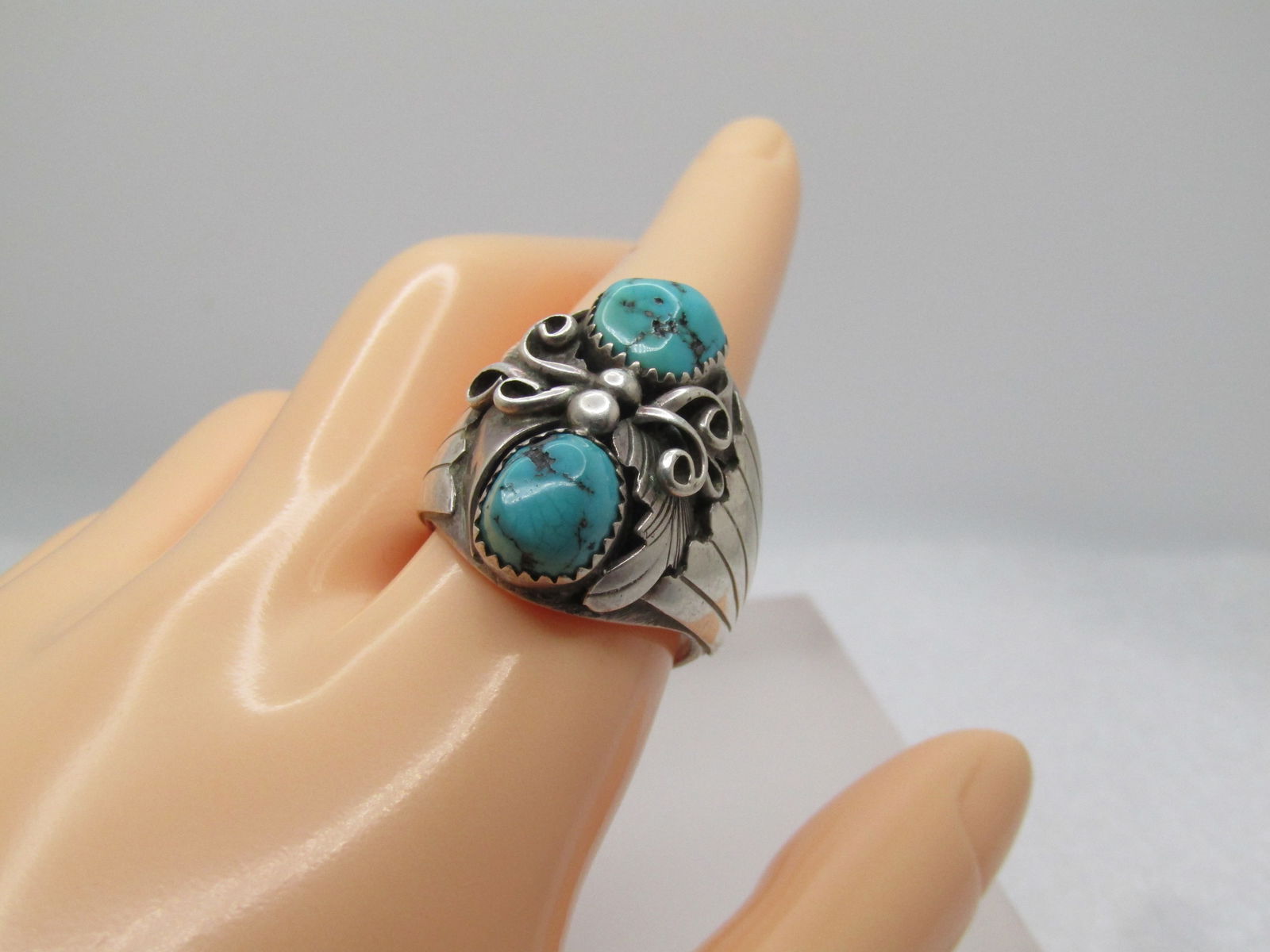 Vintage Southwestern Sterling Turquoise Ring, Sz. 11, Men's, 1970's-1980's, Signed - 6