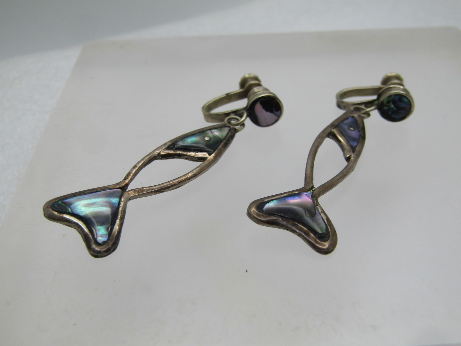 Vintage Sterling Abalone Fish Drop Earrings, Screwback, Taxco, Mexico, 1960's-1970's - 5