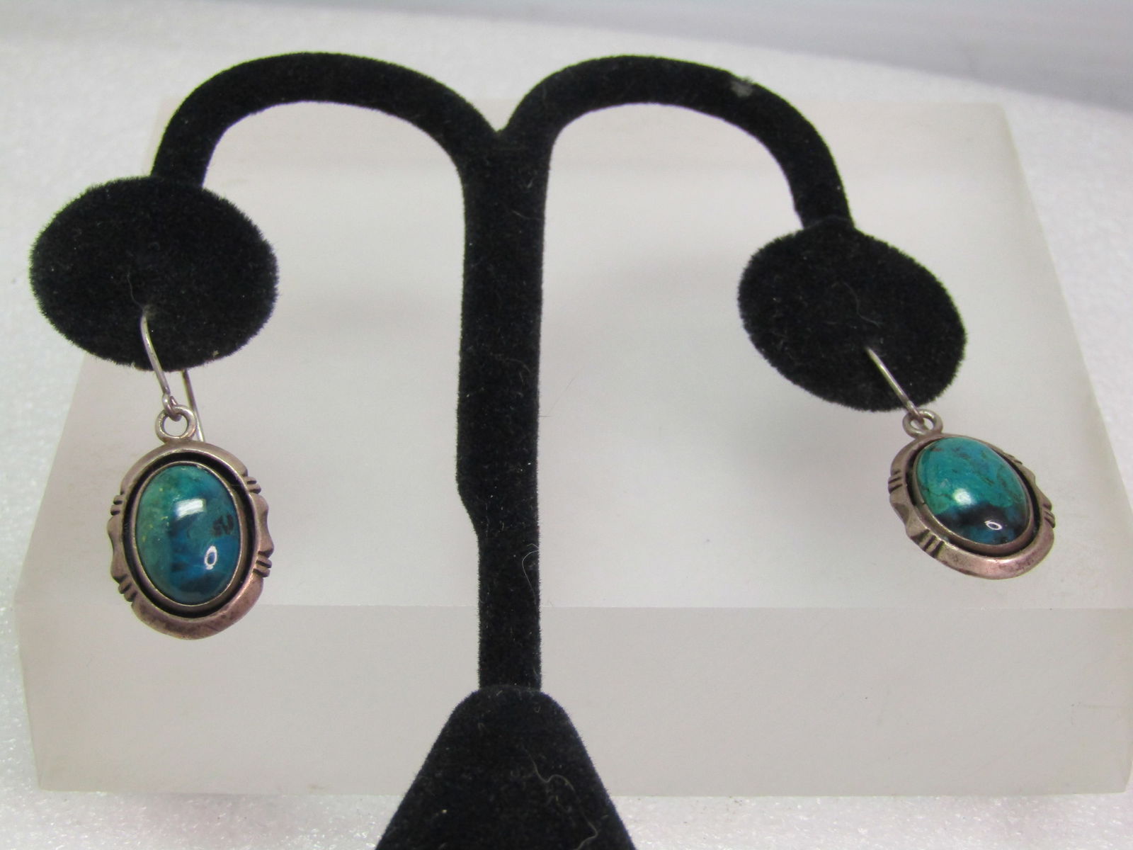 Vintage Sterling Southwestern Chrysocolla Earrings, Pierced, Drop, 1970's-1980's Signed: Title: Vintage Sterling Southwestern Chrysocolla Earrings, Pierced, Drop, 1970's-1980's Signed Description: Vintage Sterling Southwestern Chrysocolla Earrings, Pierced, Drop, 1970's-1980's Signed