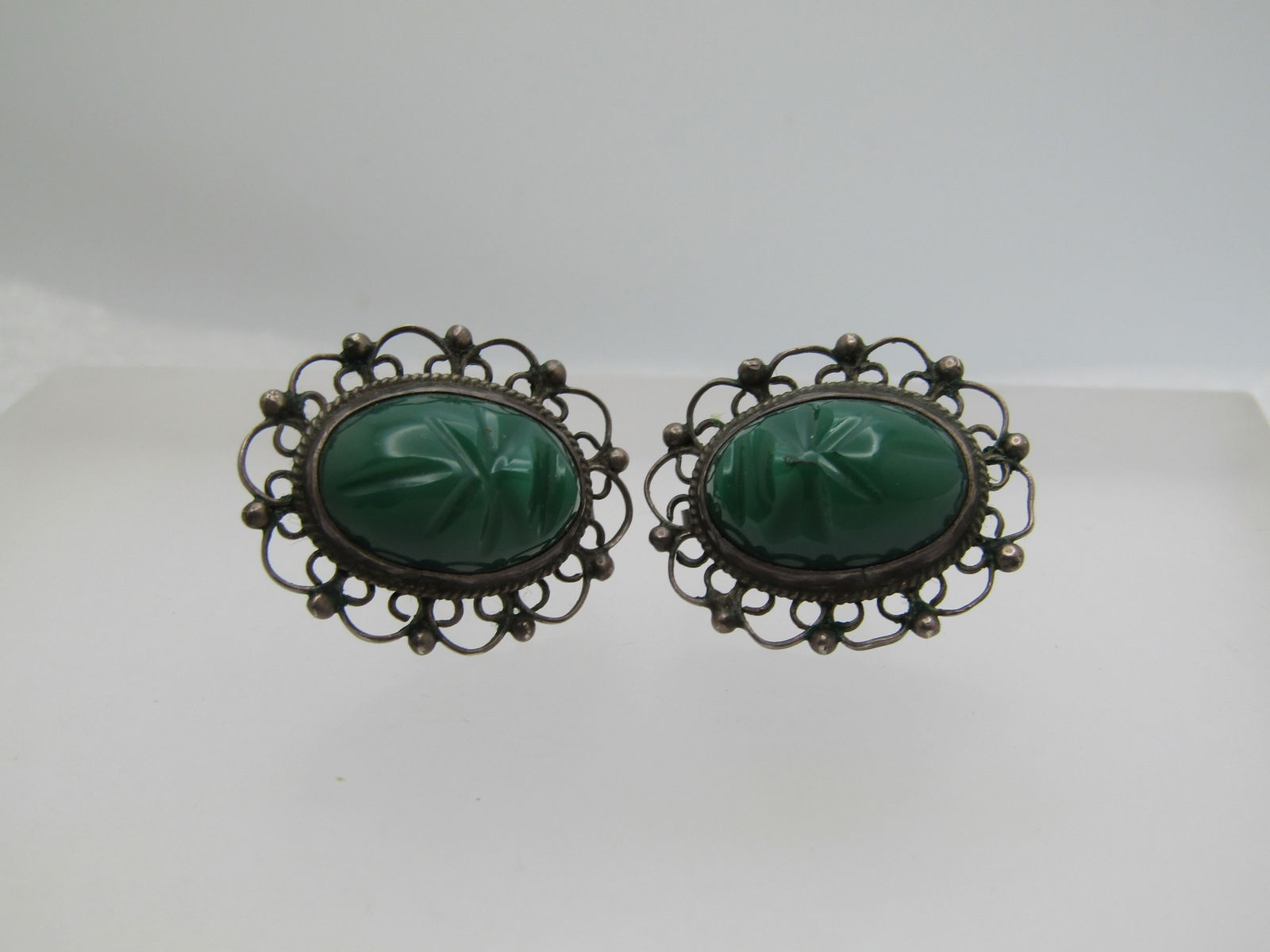 Vintage Sterling Carved Mask Earrings, Mexico, Screwback, Green Chalcedony, 1950's-1960's - 2