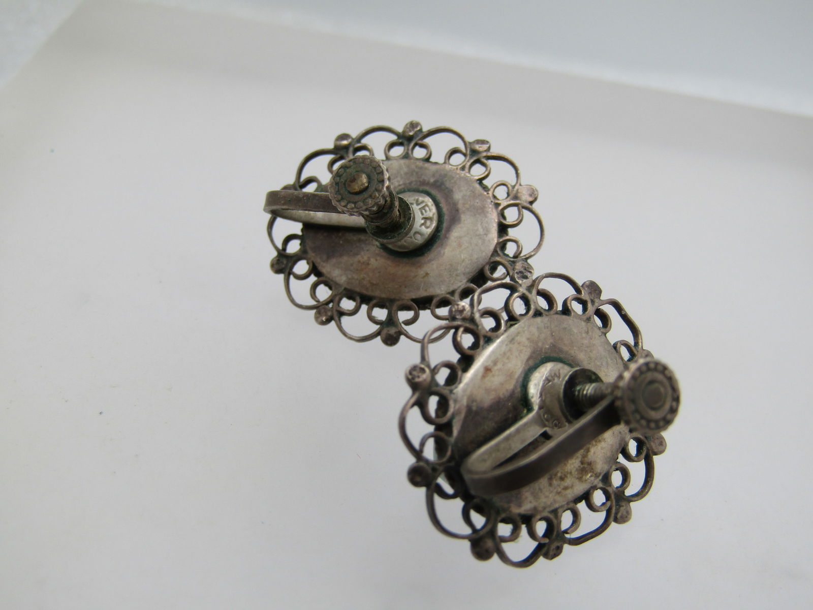 Vintage Sterling Carved Mask Earrings, Mexico, Screwback, Green Chalcedony, 1950's-1960's - 5