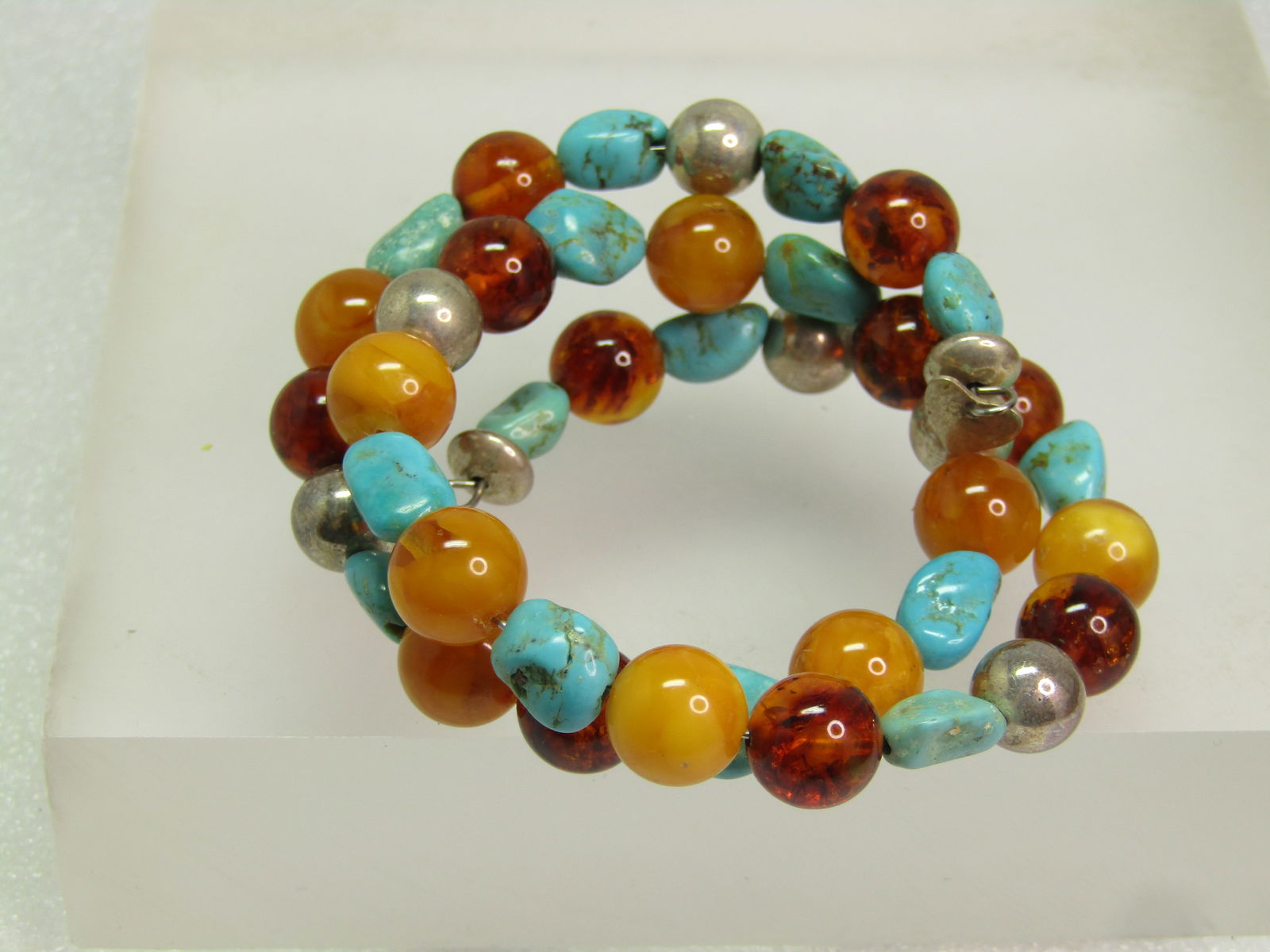 Southwestern Sterling, Turquoise, Amber, Beaded Coiled Bracelet, Jay King, 1990's-200 - 3