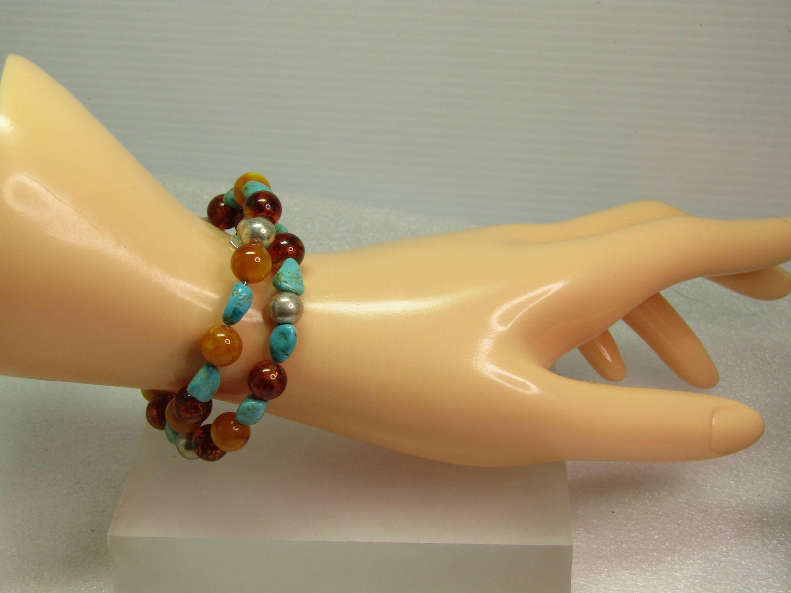 Southwestern Sterling, Turquoise, Amber, Beaded Coiled Bracelet, Jay King, 1990's-200 - 4