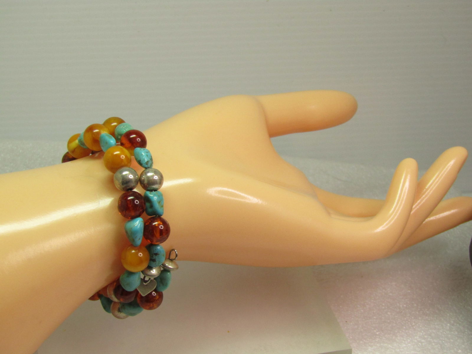 Southwestern Sterling, Turquoise, Amber, Beaded Coiled Bracelet, Jay King, 1990's-200 - 5