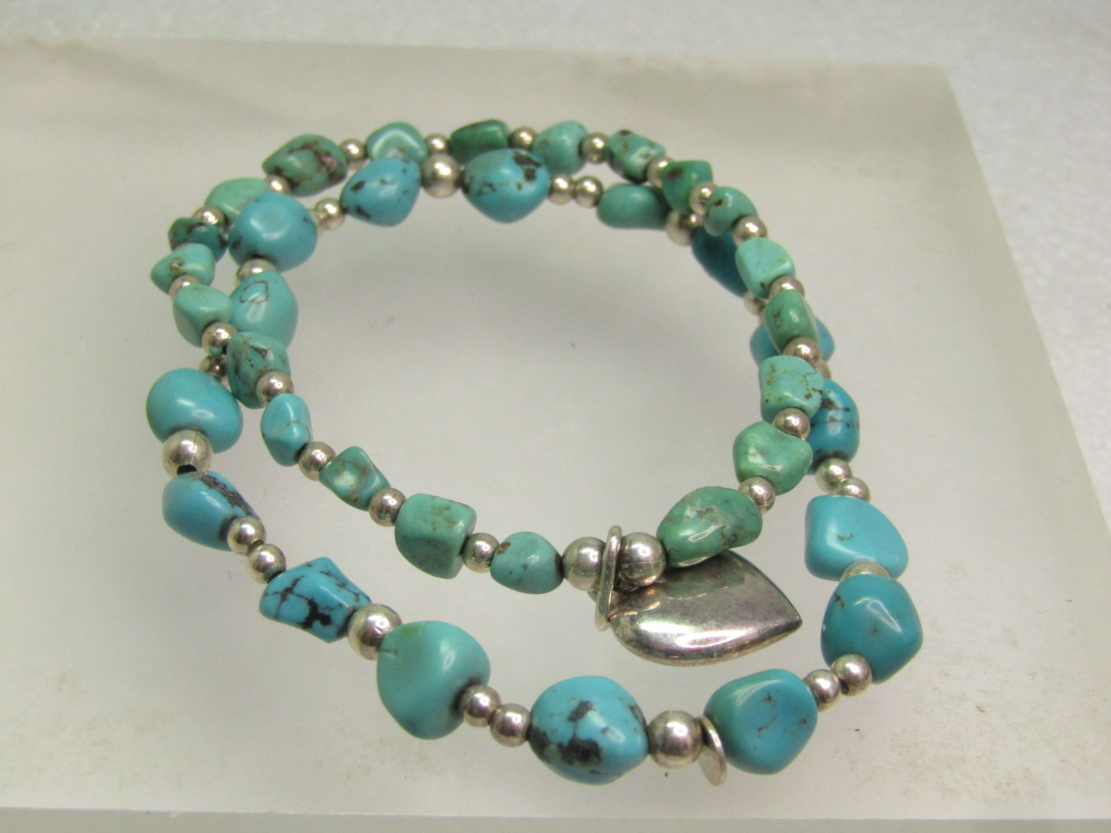 Two Sterling Southwestern Turquoise Bracelet, One Sterling Heart, Stretch, 6.5"/7" - 2