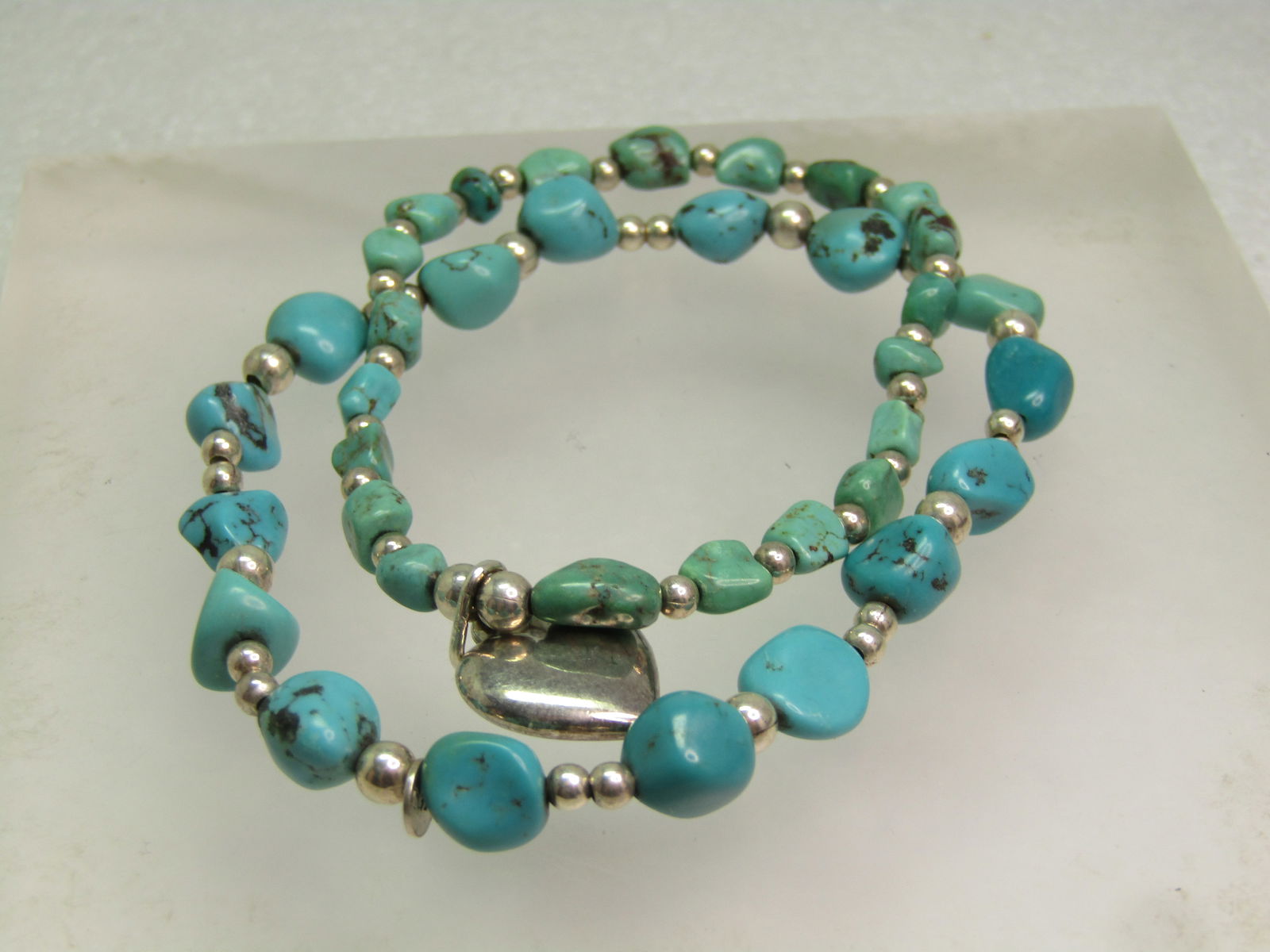 Two Sterling Southwestern Turquoise Bracelet, One Sterling Heart, Stretch, 6.5"/7" - 3