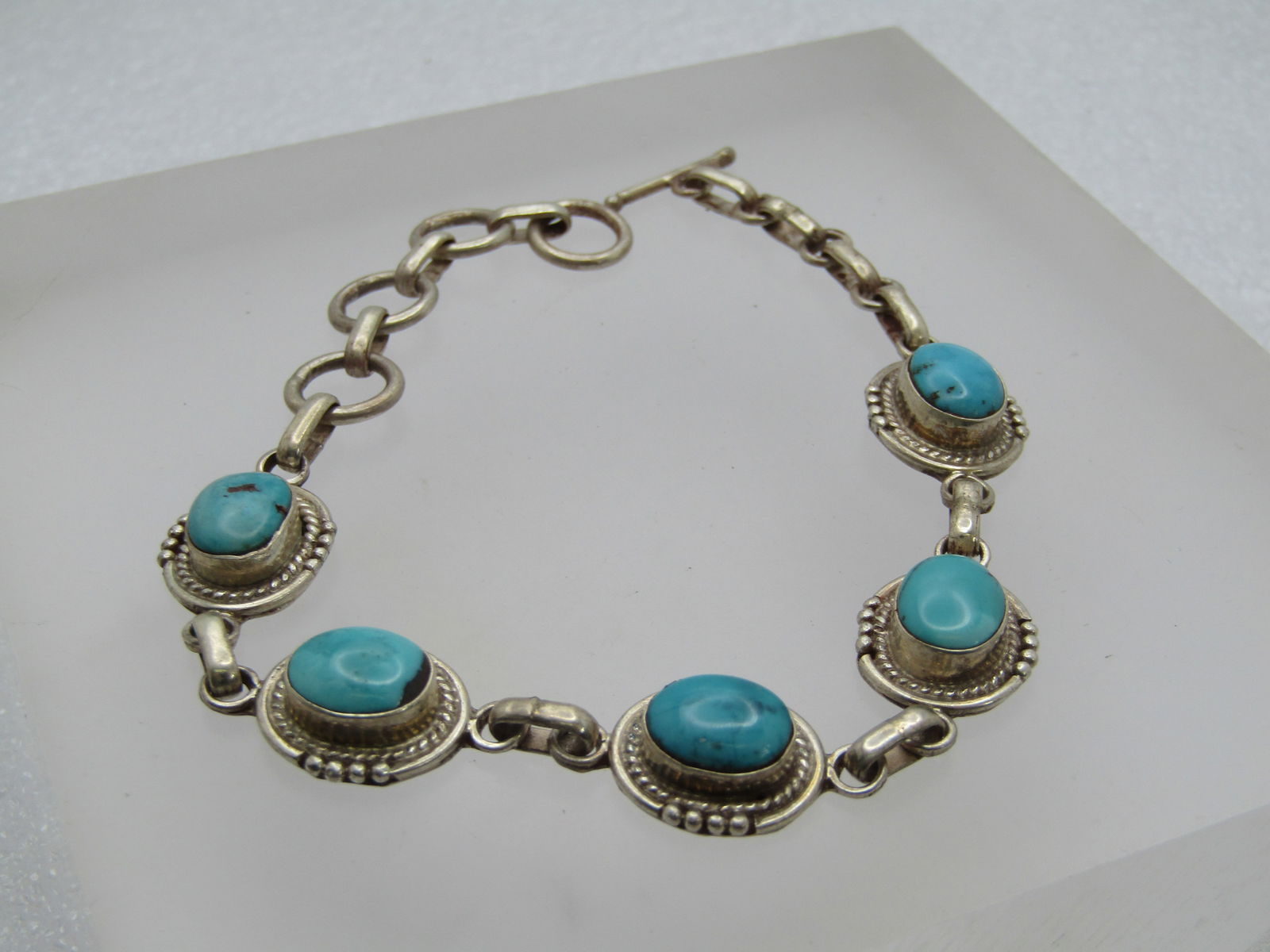 Vintage Sterling Southwestern Turquoise Bracelet, Toggle Clap, 8" - 2