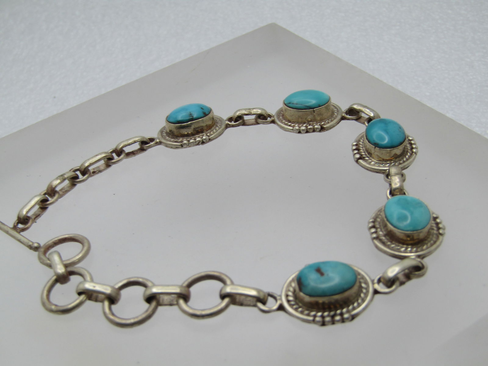Vintage Sterling Southwestern Turquoise Bracelet, Toggle Clap, 8" - 3