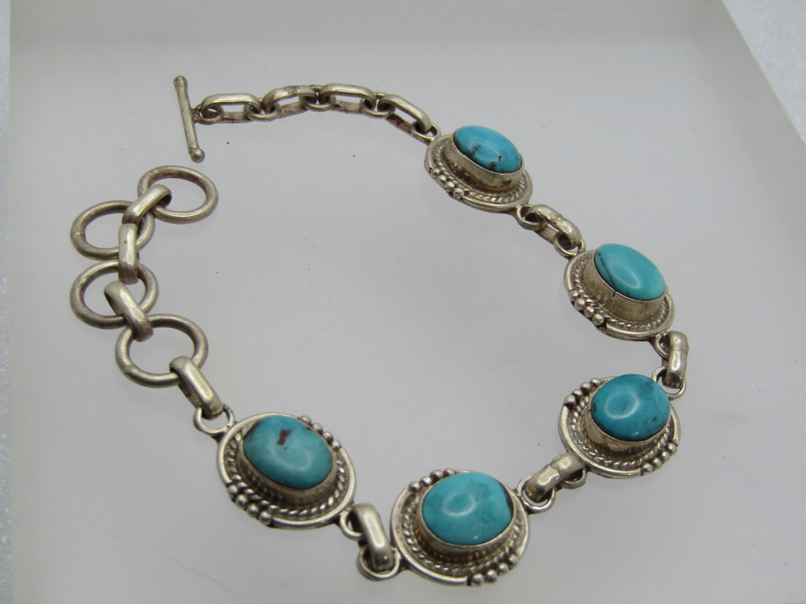 Vintage Sterling Southwestern Turquoise Bracelet, Toggle Clap, 8" - 4