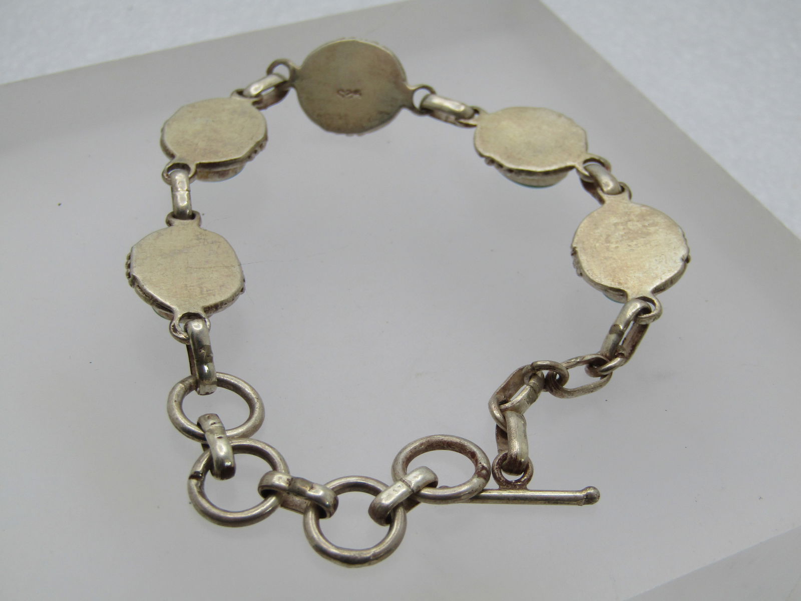 Vintage Sterling Southwestern Turquoise Bracelet, Toggle Clap, 8" - 5