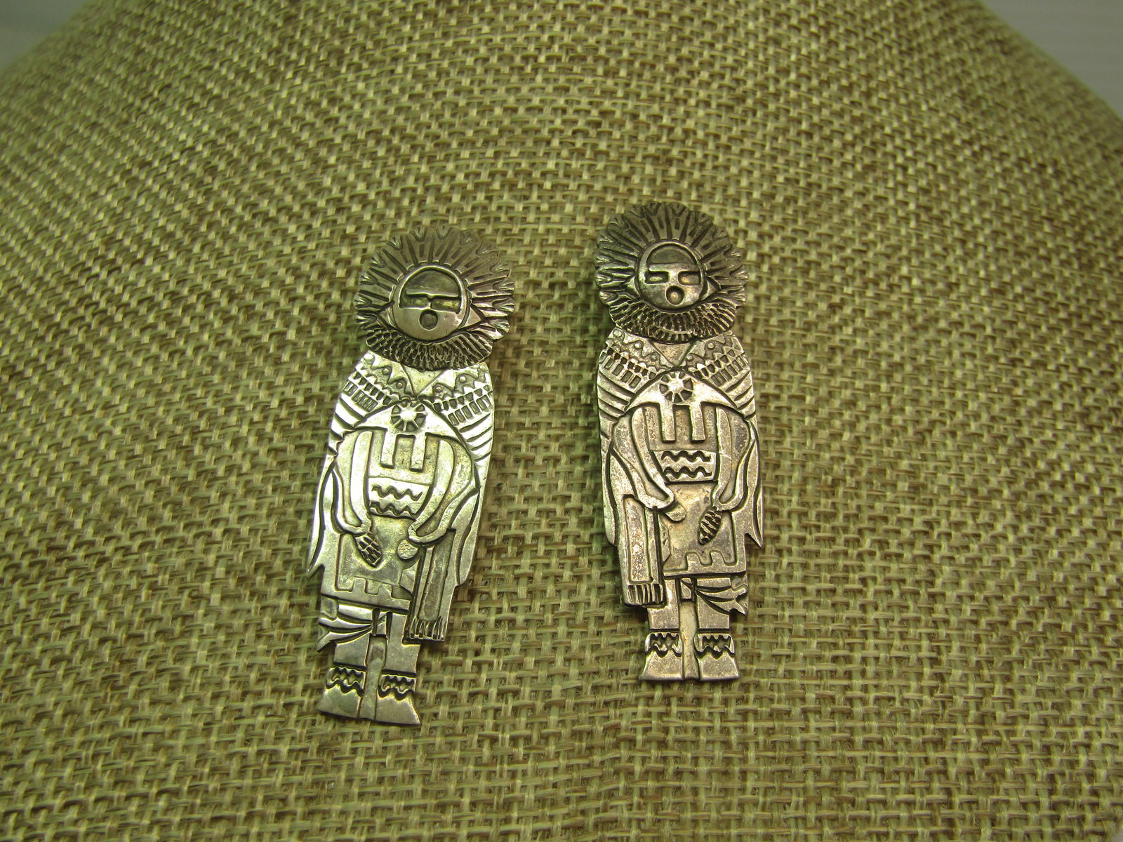 Vintage Sterling Southwestern Sunface Kachina Earrings, Pierced 1960's-1970's, 2": Title: Vintage Sterling Southwestern Sunface Kachina Earrings, Pierced 1960's-1970's, 2" Description: Vintage Sterling Southwestern Sunface Kachina Earrings, Pierced 1960's-1970's, 2" tall and nearly