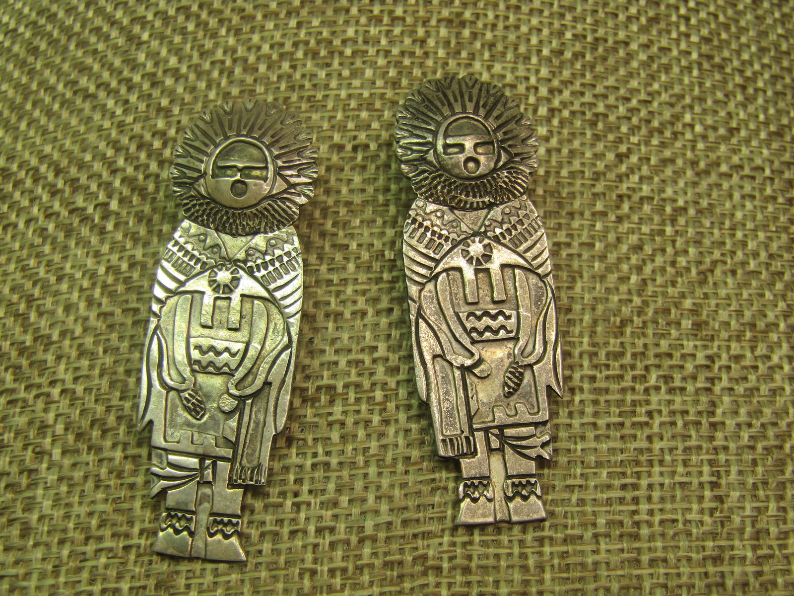 Vintage Sterling Southwestern Sunface Kachina Earrings, Pierced 1960's-1970's, 2" - 2