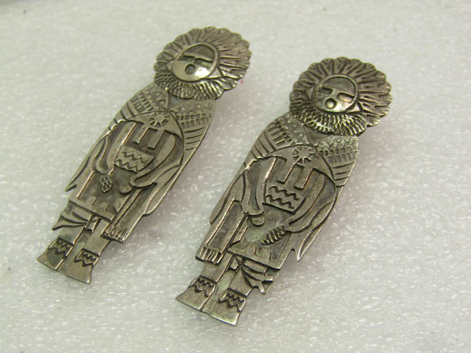 Vintage Sterling Southwestern Sunface Kachina Earrings, Pierced 1960's-1970's, 2" - 4