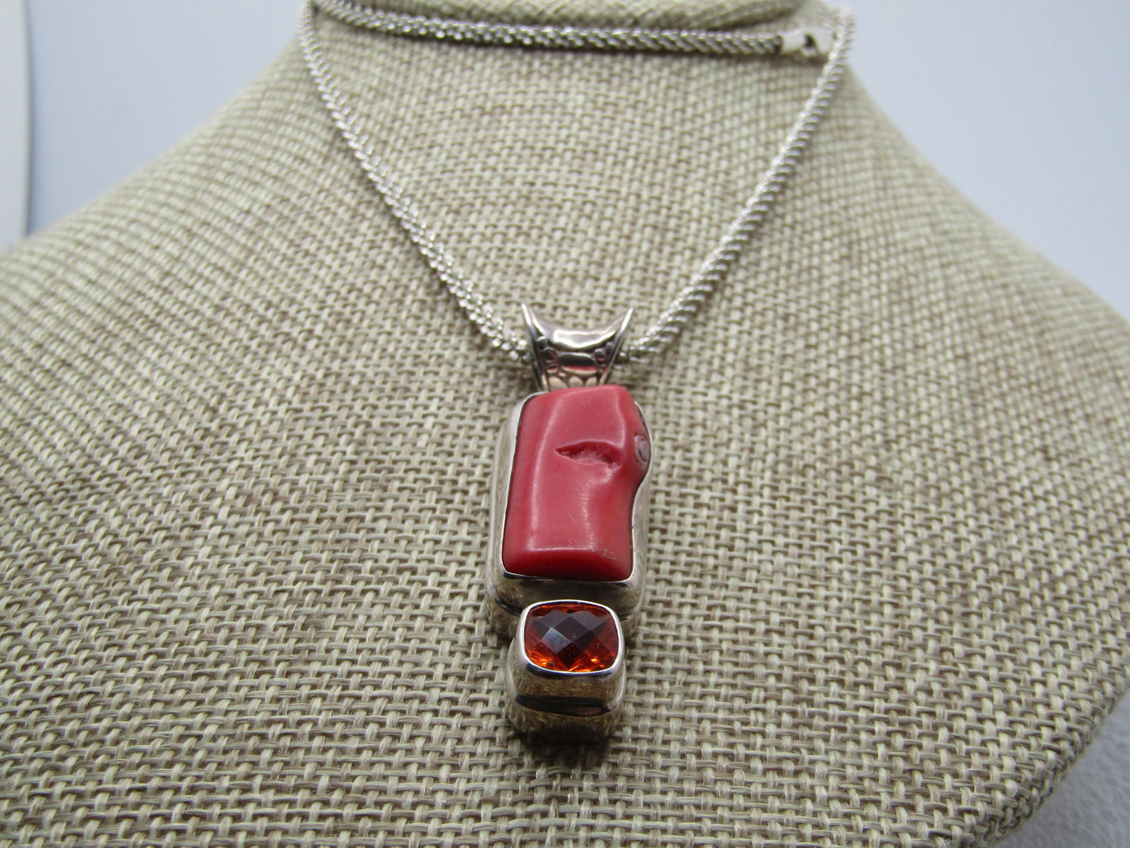 Sterling Southwestern Mod Coral Citrine Necklace, 24", Signed, 1980's-1990's: Title: Sterling Southwestern Mod Coral Citrine Necklace, 24", Signed, 1980's-1990's Description: Sterling Southwestern Mod Coral Citrine Necklace, 24", Signed, 1980's-1990's. Stunning hand made