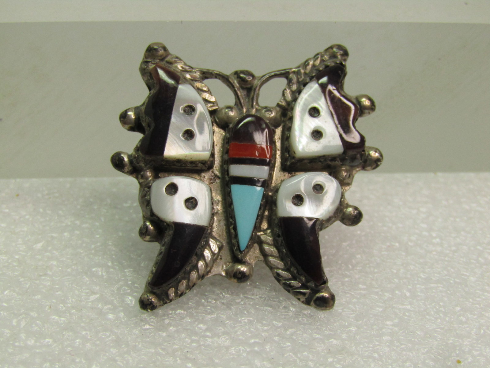 Vintage Zuni Sterling Inlaid Butterfly Brooch/Pendant, MOP, Onyx, Coral, Turquoise, 1970's-1980's, (1 of 6)
