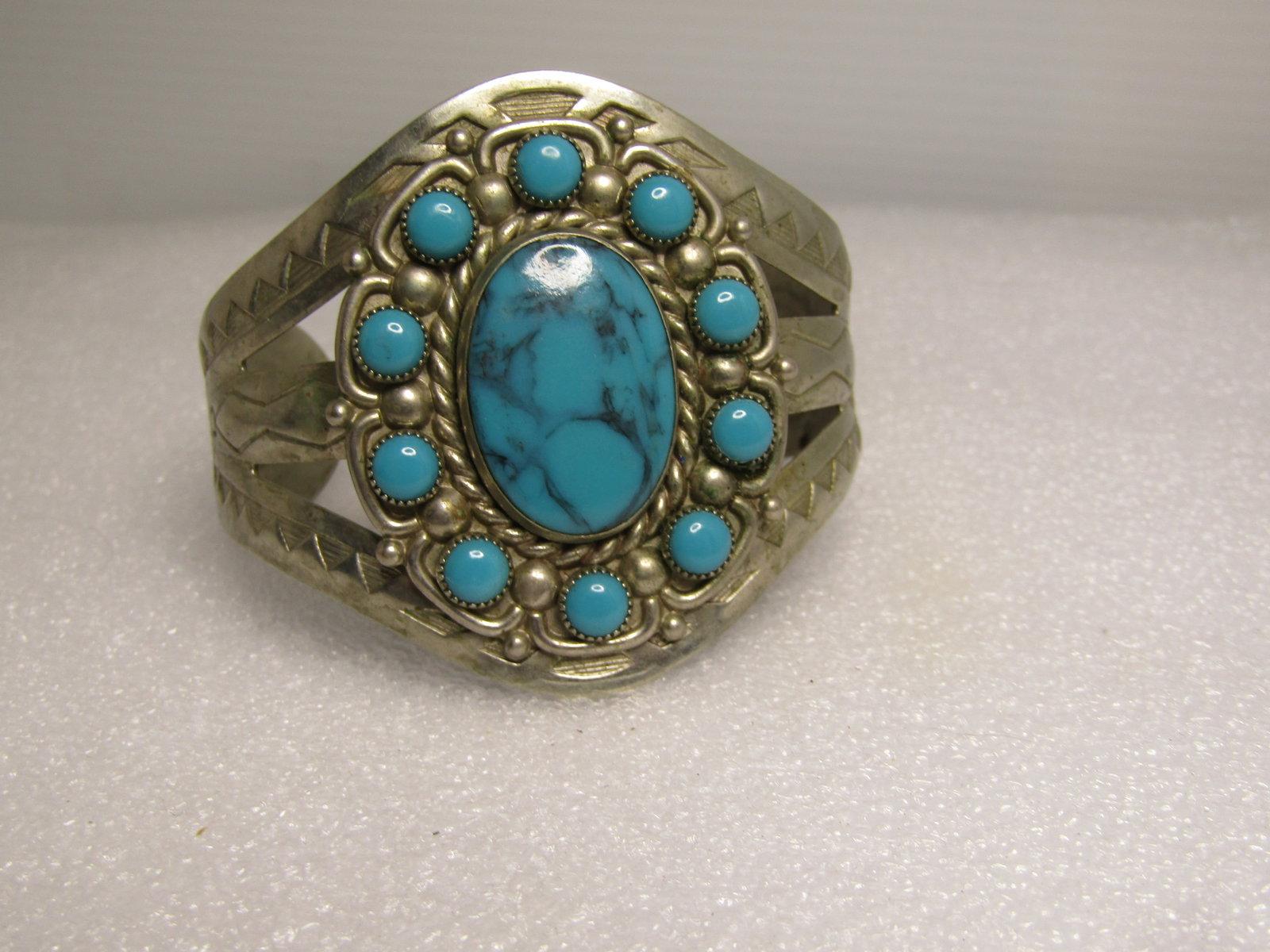 Vintage Southwestern Cuff Bracelet, Faux Turquoise, Bell Trading, Nickel Silver 7", 1960's-1970's (1 of 5)