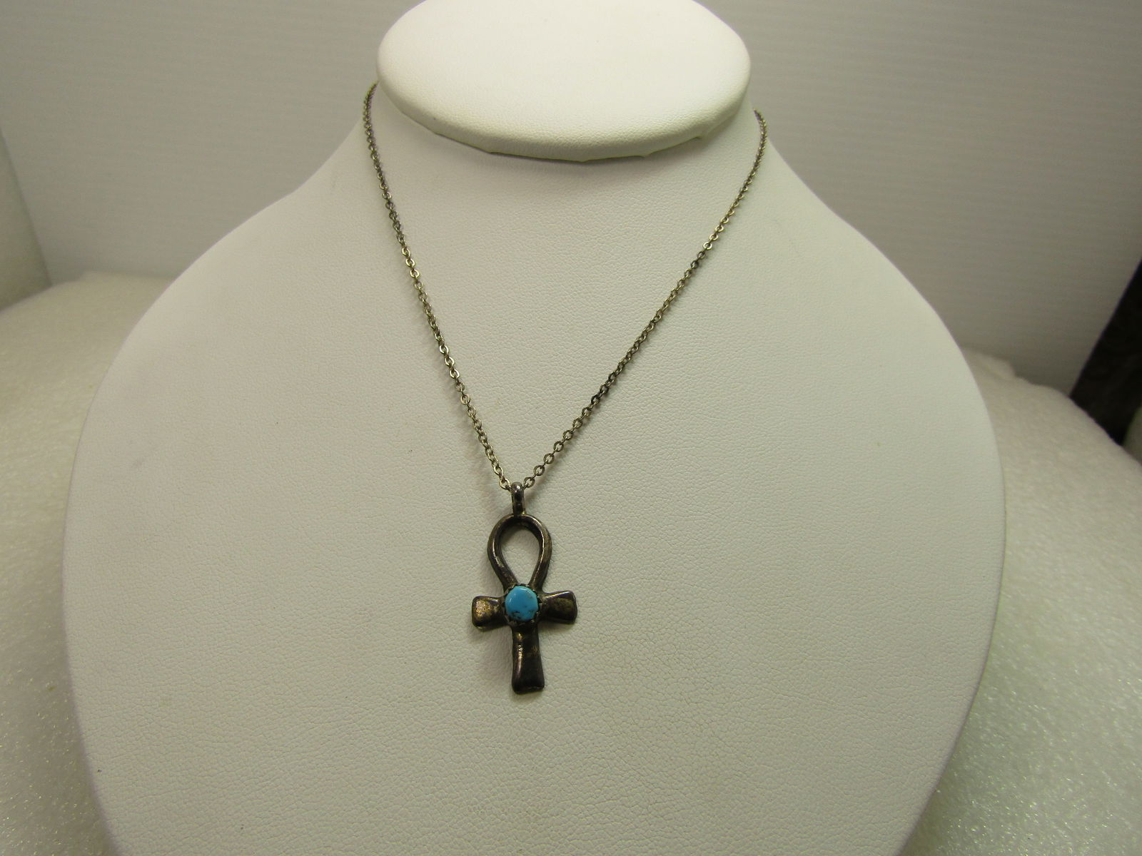 Vintage Sterling Turquoise Ankh Necklace, 18" Silver Plated Chain, 1970's: Title: Vintage Sterling Turquoise Ankh Necklace, 18" Silver Plated Chain, 1970's Description: Vintage Sterling Turquoise Ankh Necklace, 18" Silver Plated Chain, 1970's. The pendant is a 1.25" ankh