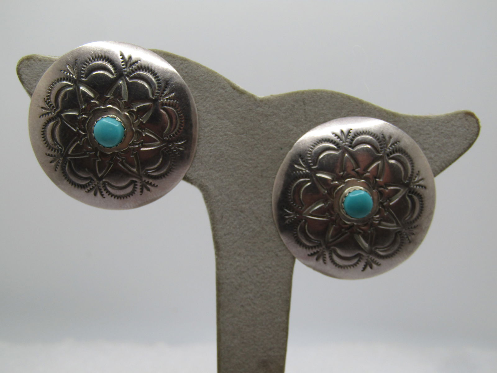 Vintage Sterling Southwestern Concho Turquoise Earrings, Clip, 1960's-1970's: Title: Vintage Sterling Southwestern Concho Turquoise Earrings, Clip, 1960's-1970's Description: Vintage Sterling Southwestern Concho Turquoise Earrings, Clip, 1960's-1970's. These are round concho