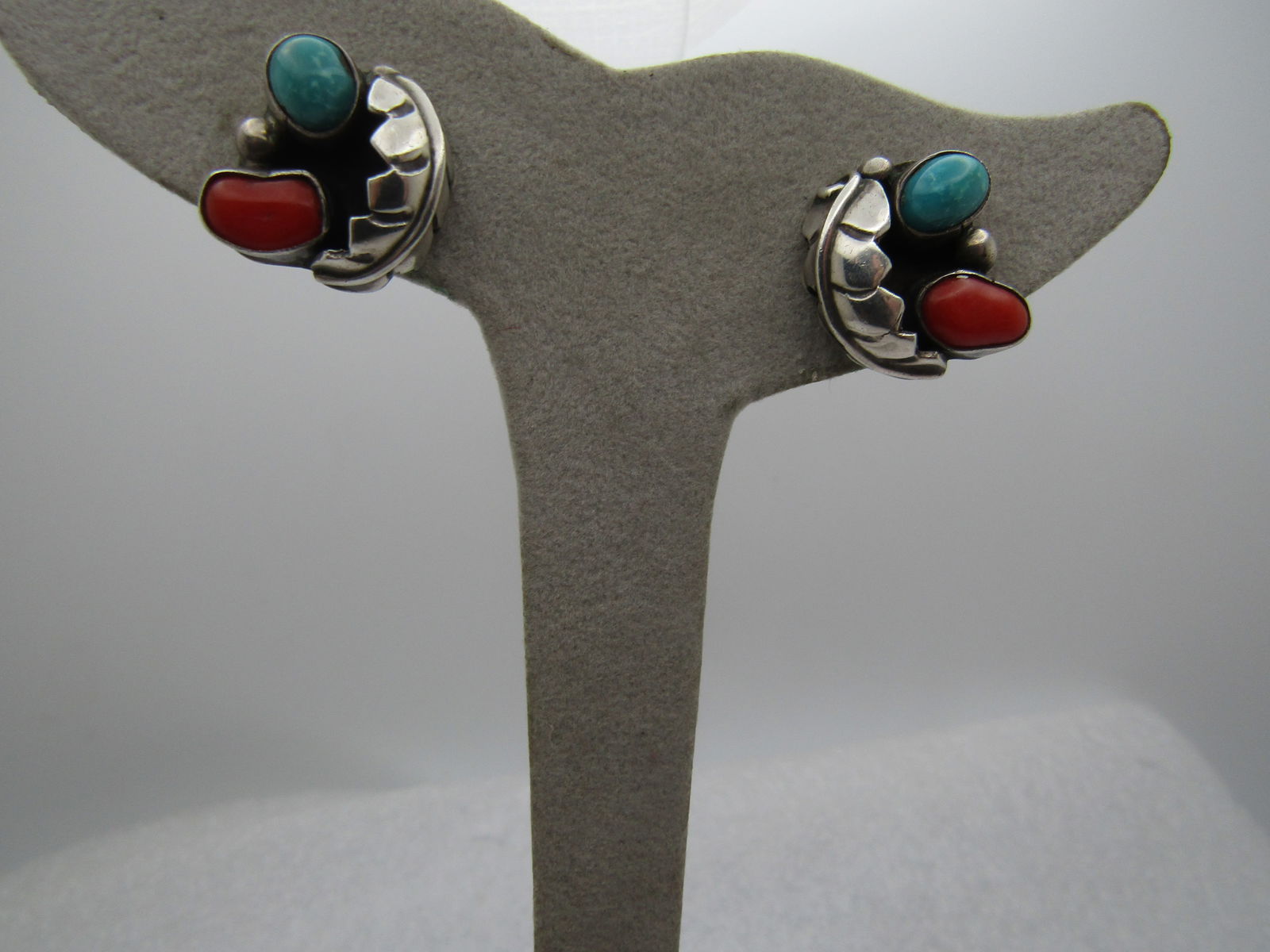 Vintage Sterling Southwestern Turquoise Coral Earrings, Clip, 1960's-1970's, Signed - 2
