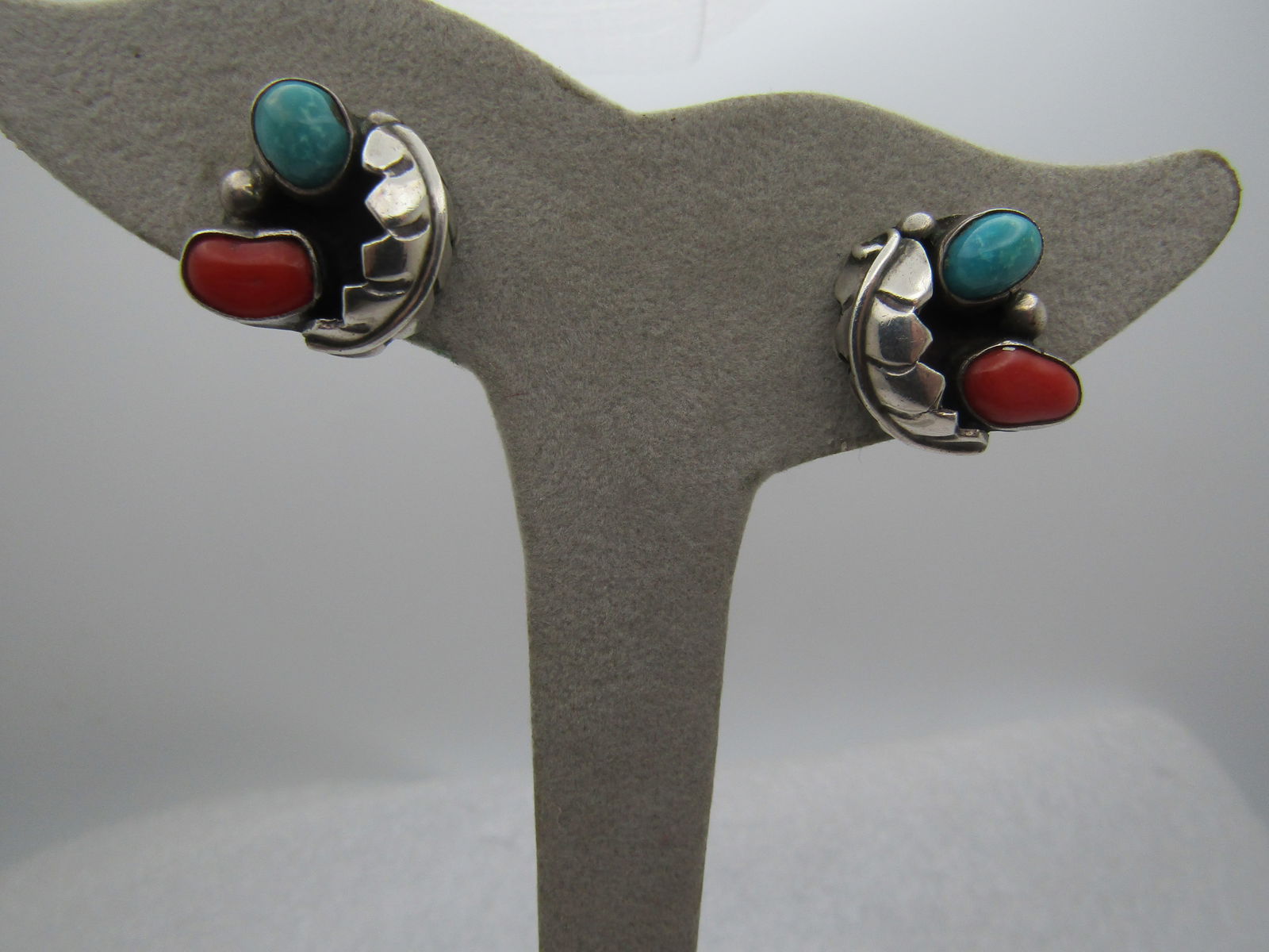Vintage Sterling Southwestern Turquoise Coral Earrings, Clip, 1960's-1970's, Signed - 3