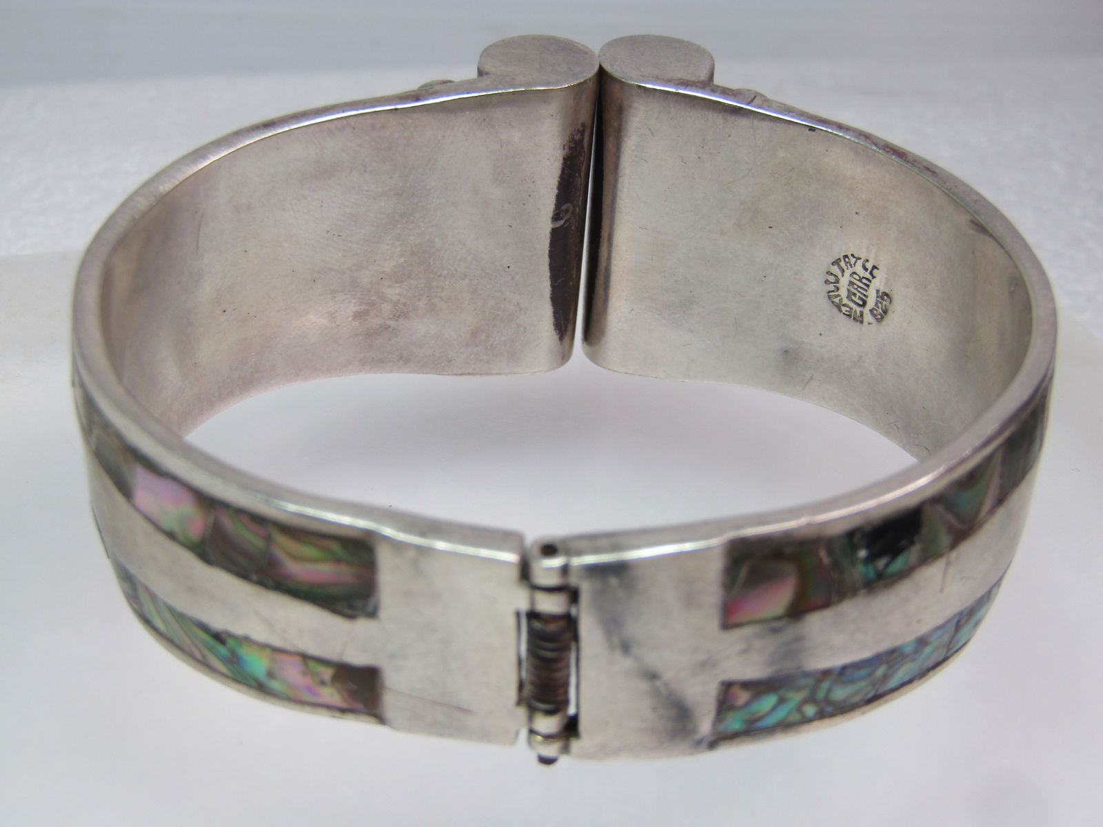 Vintage Sterling Hinged Abalone Cuff Bracelet Signed GAR, Taxco, Mexico, 6.5", 1950's-1970's - 2