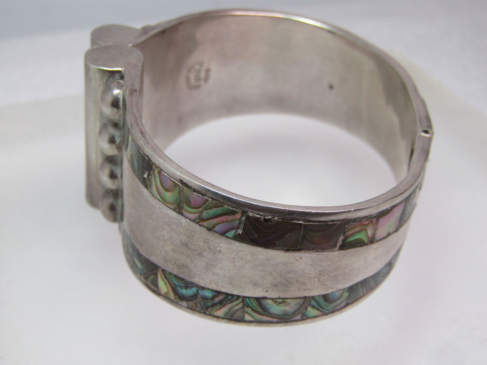 Vintage Sterling Hinged Abalone Cuff Bracelet Signed GAR, Taxco, Mexico, 6.5", 1950's-1970's - 3