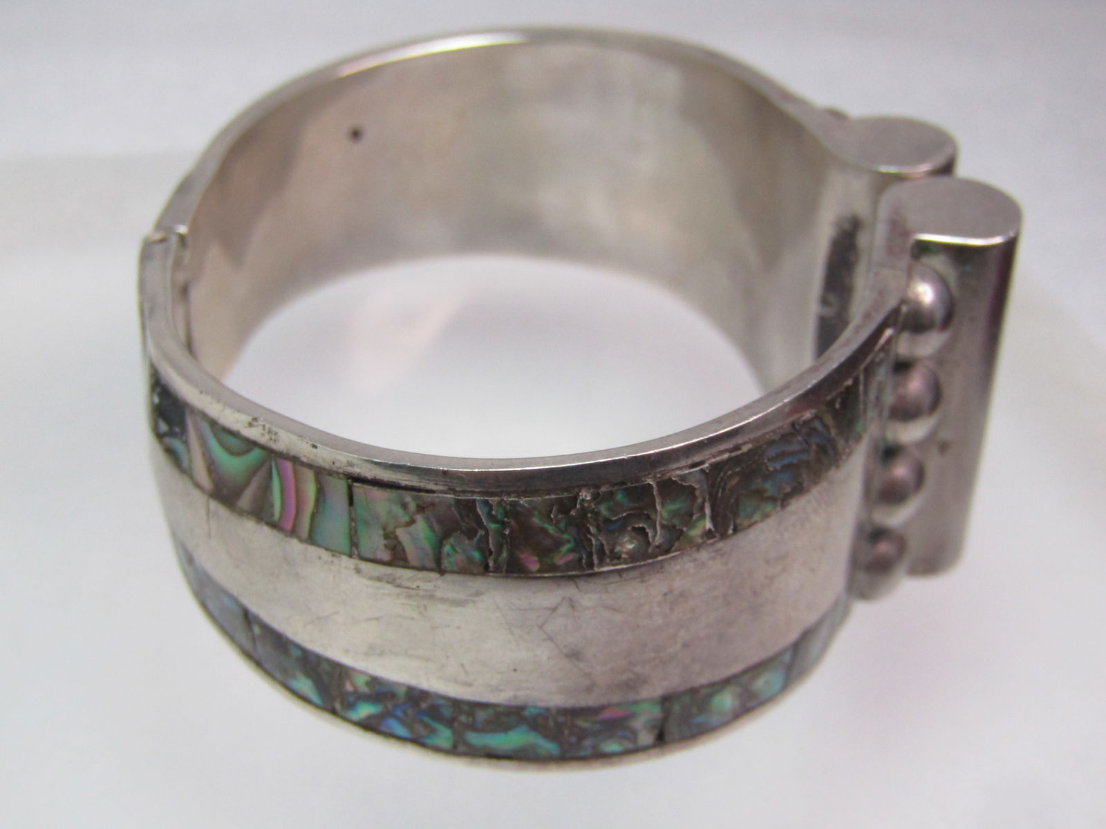 Vintage Sterling Hinged Abalone Cuff Bracelet Signed GAR, Taxco, Mexico, 6.5", 1950's-1970's - 4
