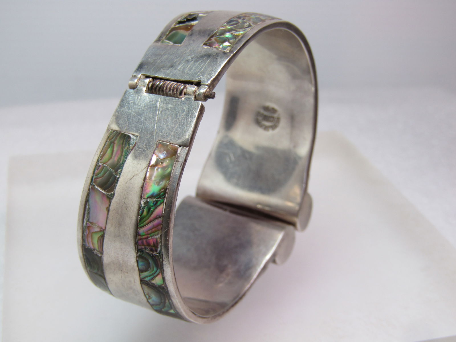 Vintage Sterling Hinged Abalone Cuff Bracelet Signed GAR, Taxco, Mexico, 6.5", 1950's-1970's - 5